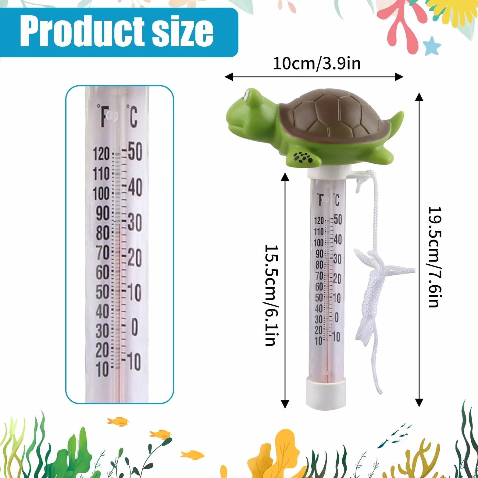 Thermometre Piscine Rigolo Flottant Tortue avec Corde Anti-Dérive