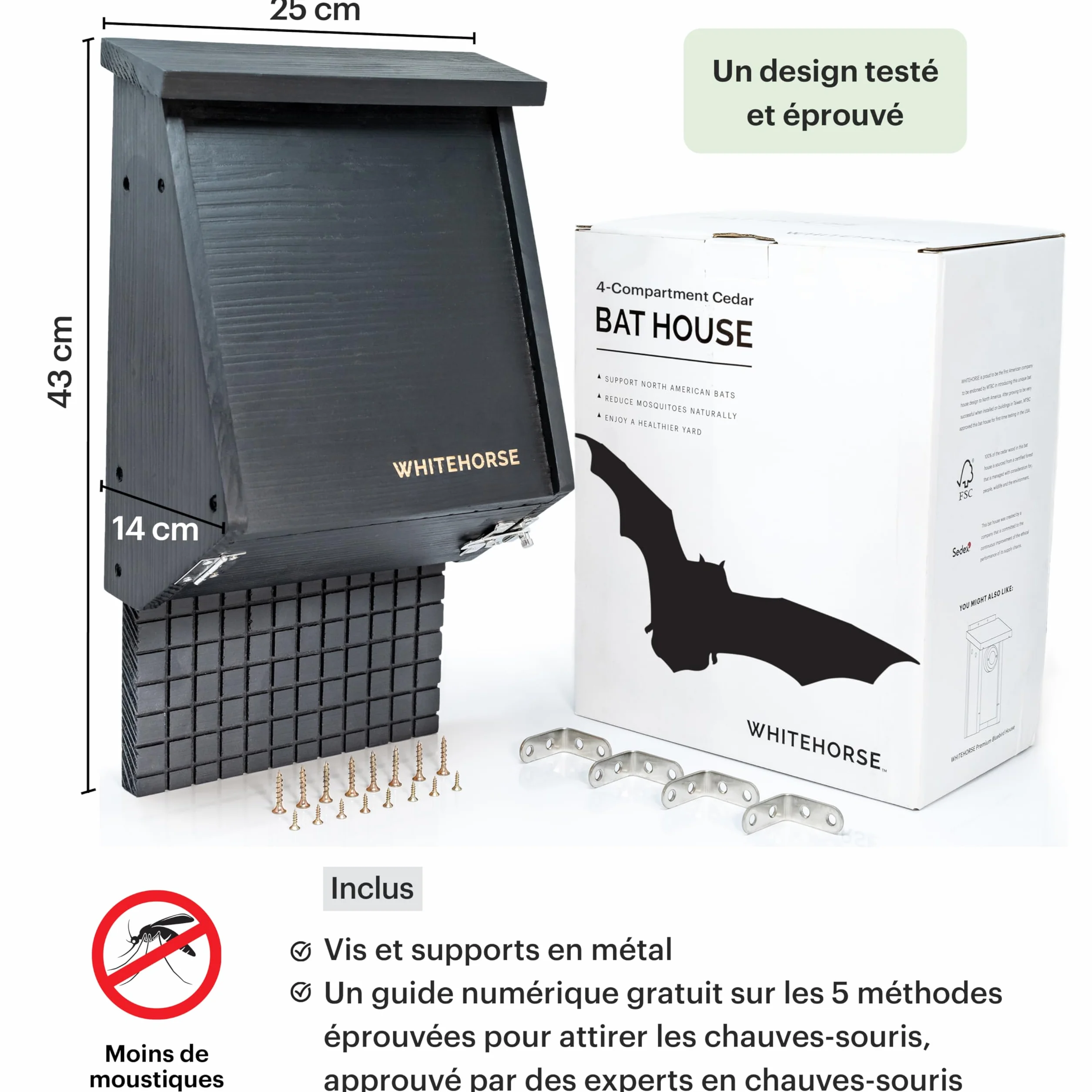 WHITEHORSE Maison de Chauves-Souris en cèdre 4 Compartiments Noir