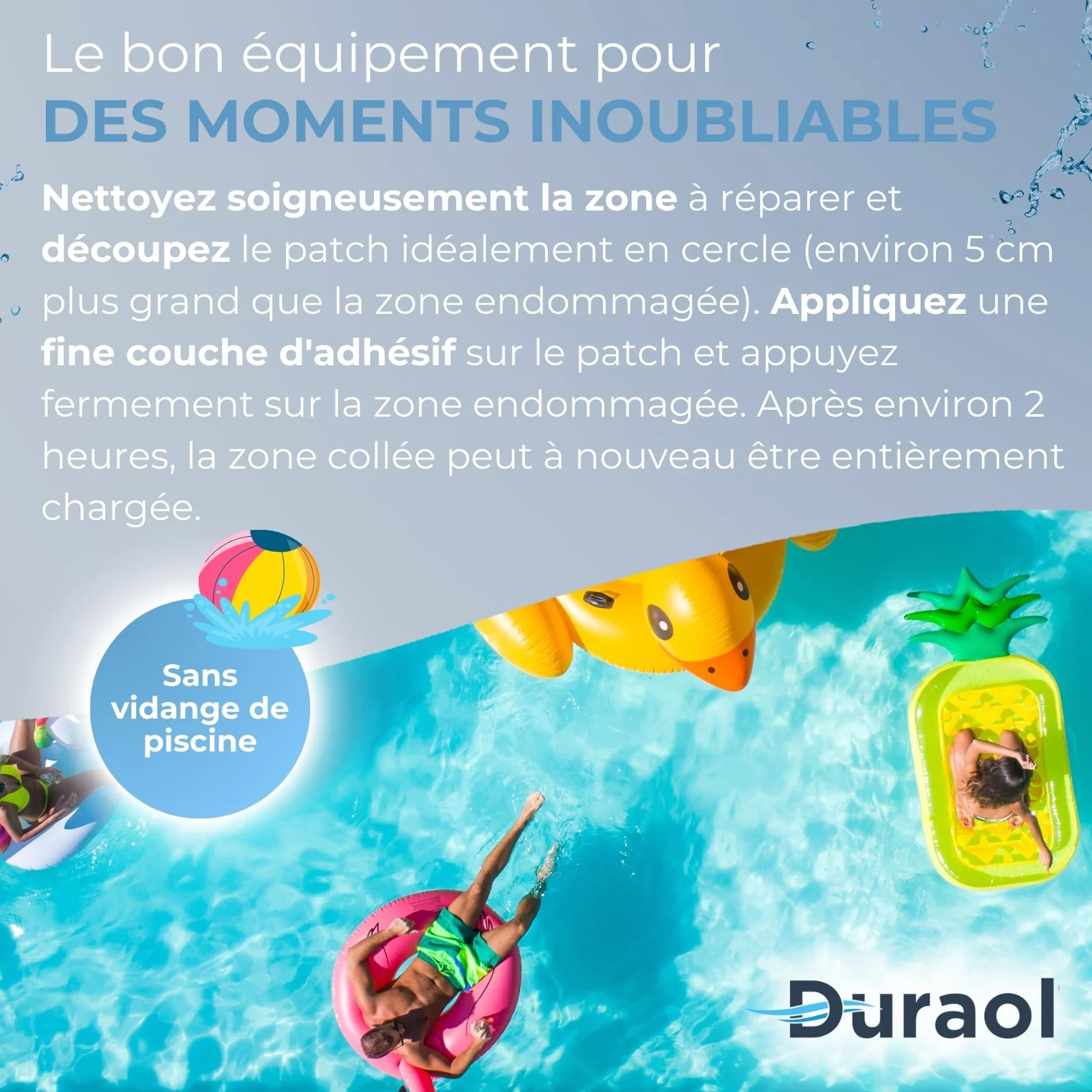 Kit de Réparation Piscine sous l'eau, Colle & 2 Rustines 20 x 9,5 cm, Réparation Gonflables PVC & Liners