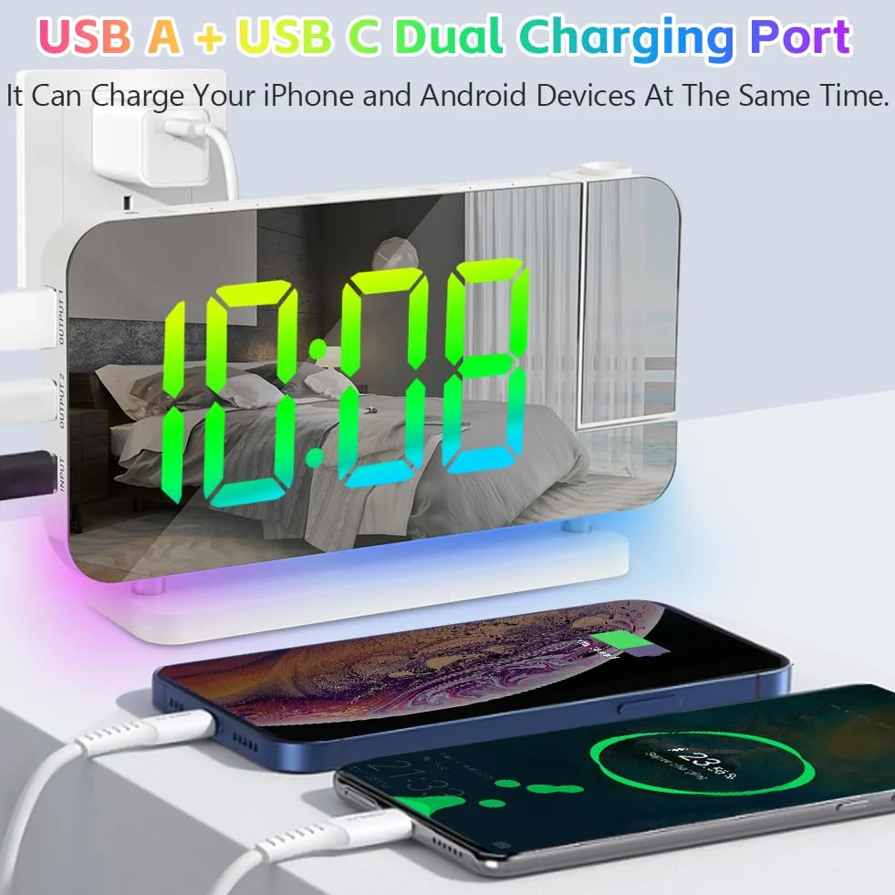 Réveil à Projection LED avec Charge USB, Rotation 180°, 11 Couleurs RVB & 10 Couleurs Veilleuse pour Chambre, Bureau (Blanc)