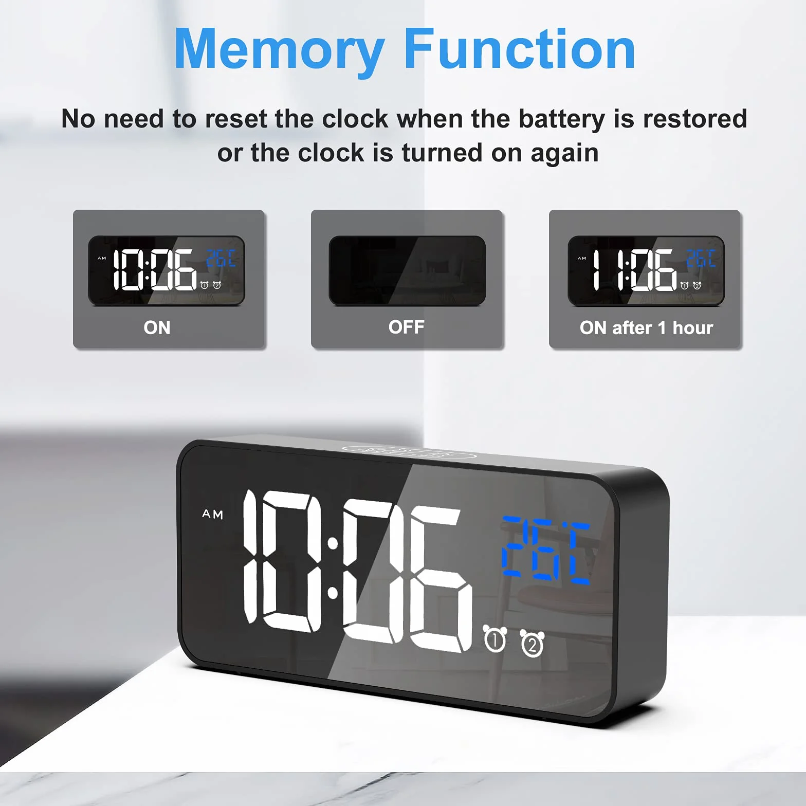 CHEREEKI Réveil Numérique LED avec Température, Snooze, 2 Alarmes, 12/24H, USB
