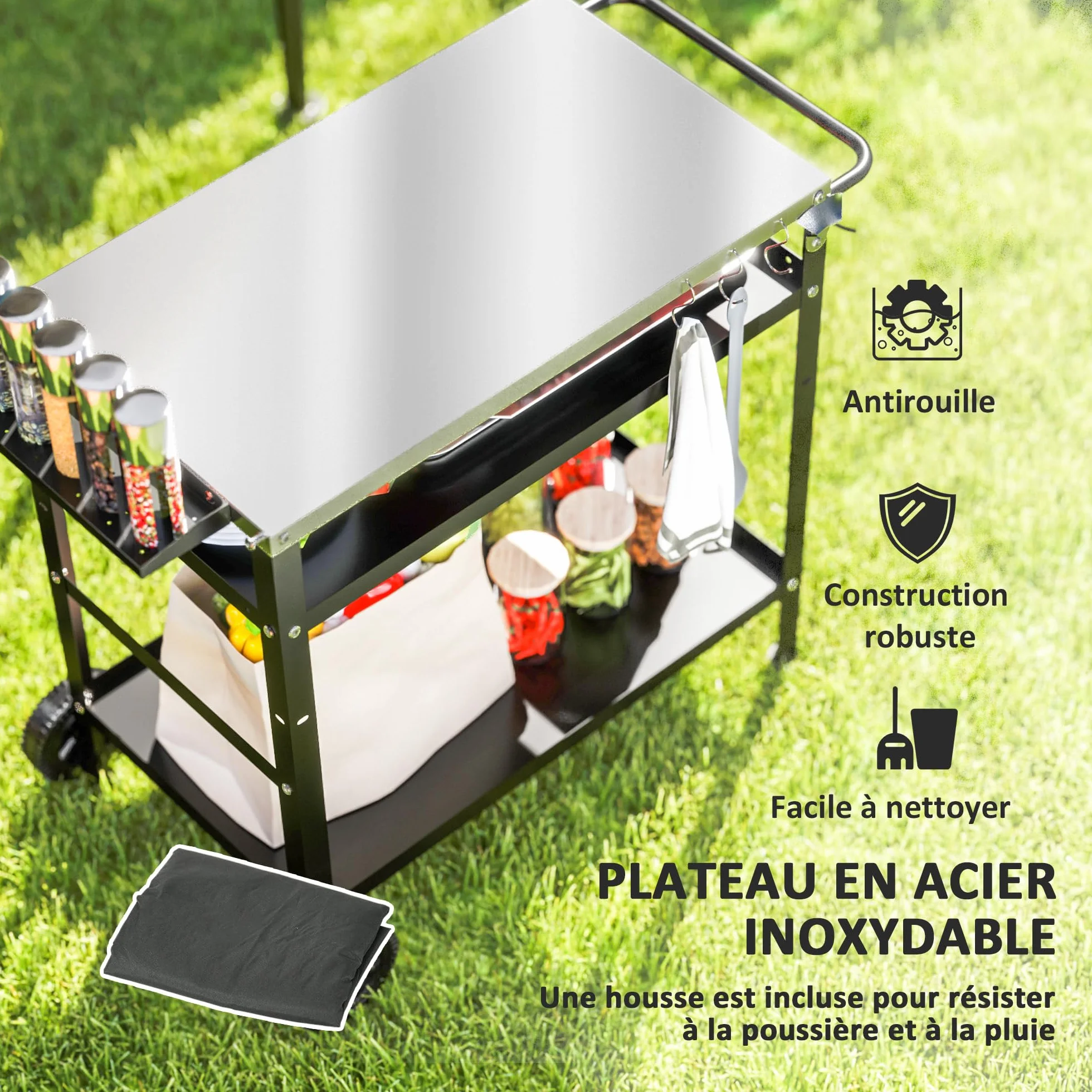 Outsunny Desserte Plancha Extérieure Acier Inoxydable Chariot Barbecue 100x52x80cm Noir
