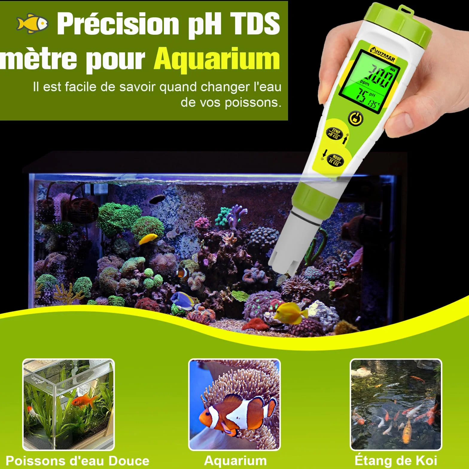 pH Mètre Piscine 4 en 1 PPM EC Temp Testeur pour Système d'Eau, Aquarium