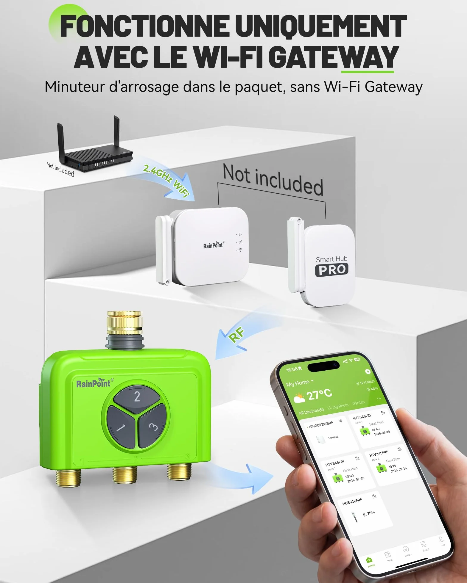 RAINPOINT Programmateur Arrosage WiFi 3 Zones sans Hub, Connecté, Entrée en Laiton, Contrôle App et Vocal, Retard Pluie Automatique