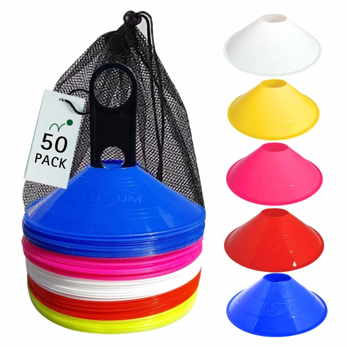 Lusum Lot de 50 coupelles de sport pour le balisage avec support et sac