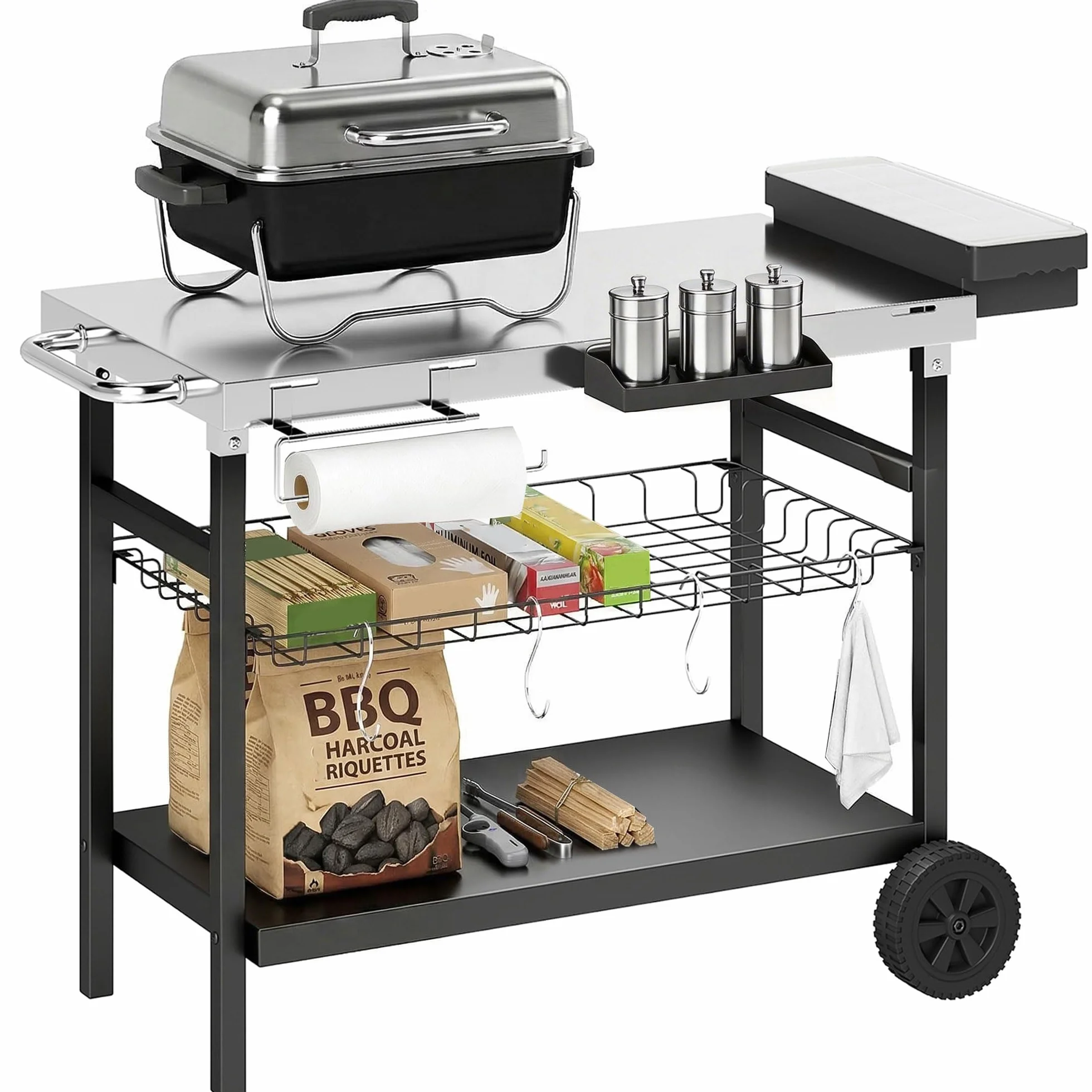 Outsunny Chariot Barbecue 3 Niveaux Inox avec Plan de Travail, Panier Amovible, Noir