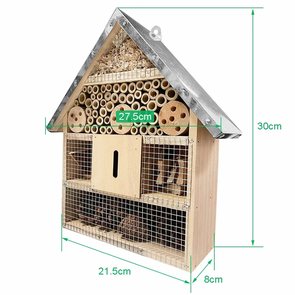 Hotel Insectes Exterieure à Suspendre en Bois avec Toit Imperméable Métal pour Abeille Papillon Coccinelle Jardin Balcon