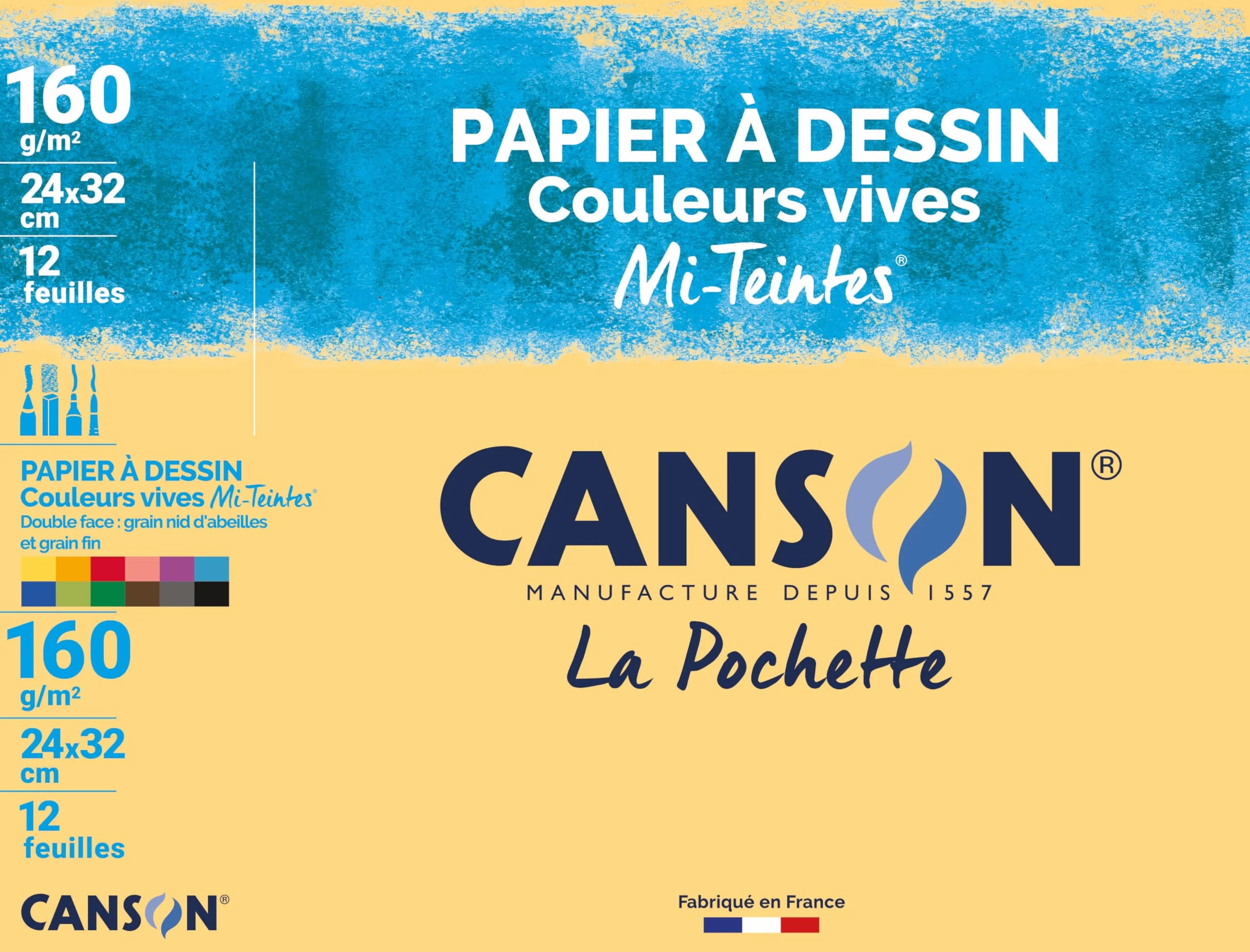 Canson Papier Dessin 160g 24x32cm Pochette 12 Feuilles Assortis Vifs