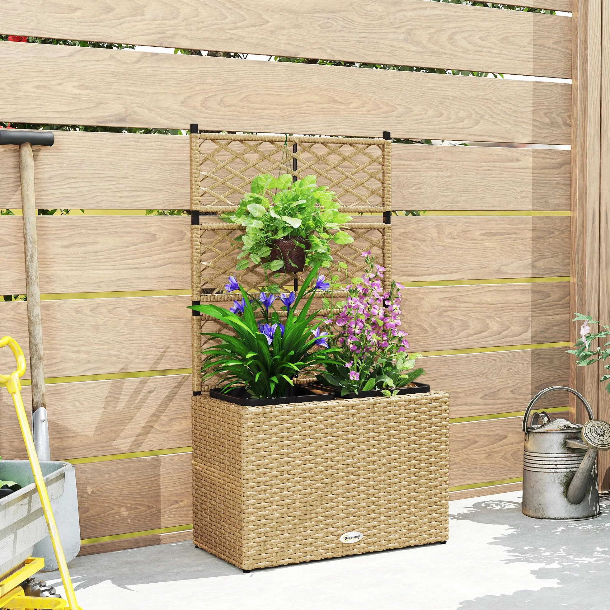 Outsunny Jardinière pour Plantes avec Treillis 2 Pots, 22L, Résine Tressée et Acier, 57 x 30 x 107 cm, Sable