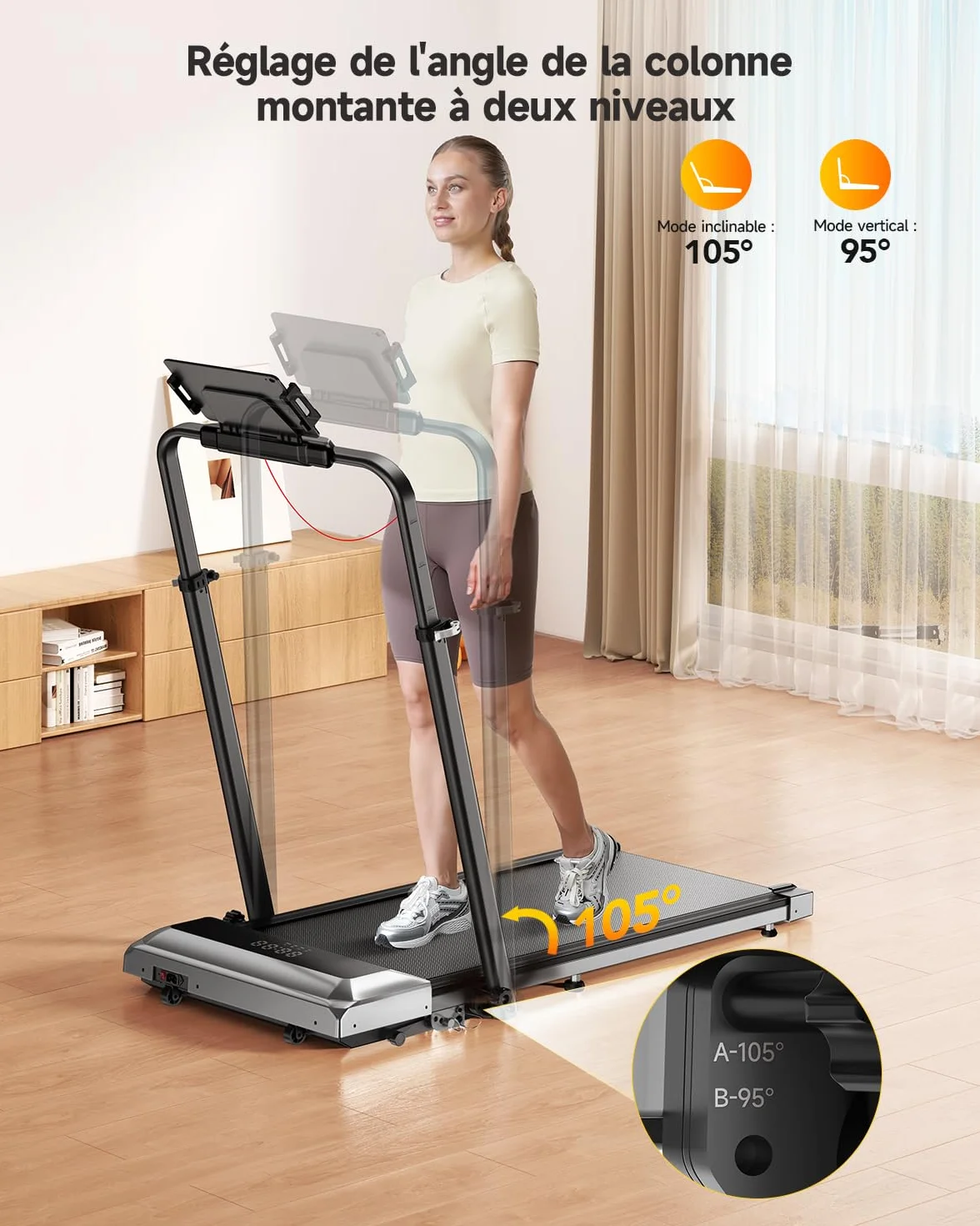 Tapis de Course 6 en 1, Pente 1%-6%-12%, Vitesse 12km/h, Hauteur de la Colonne Montante télescopique 115CM, Angle de la Colonne Montante 95°-105°, 2.5 HP, Compact et Portable，Adapté aux familles