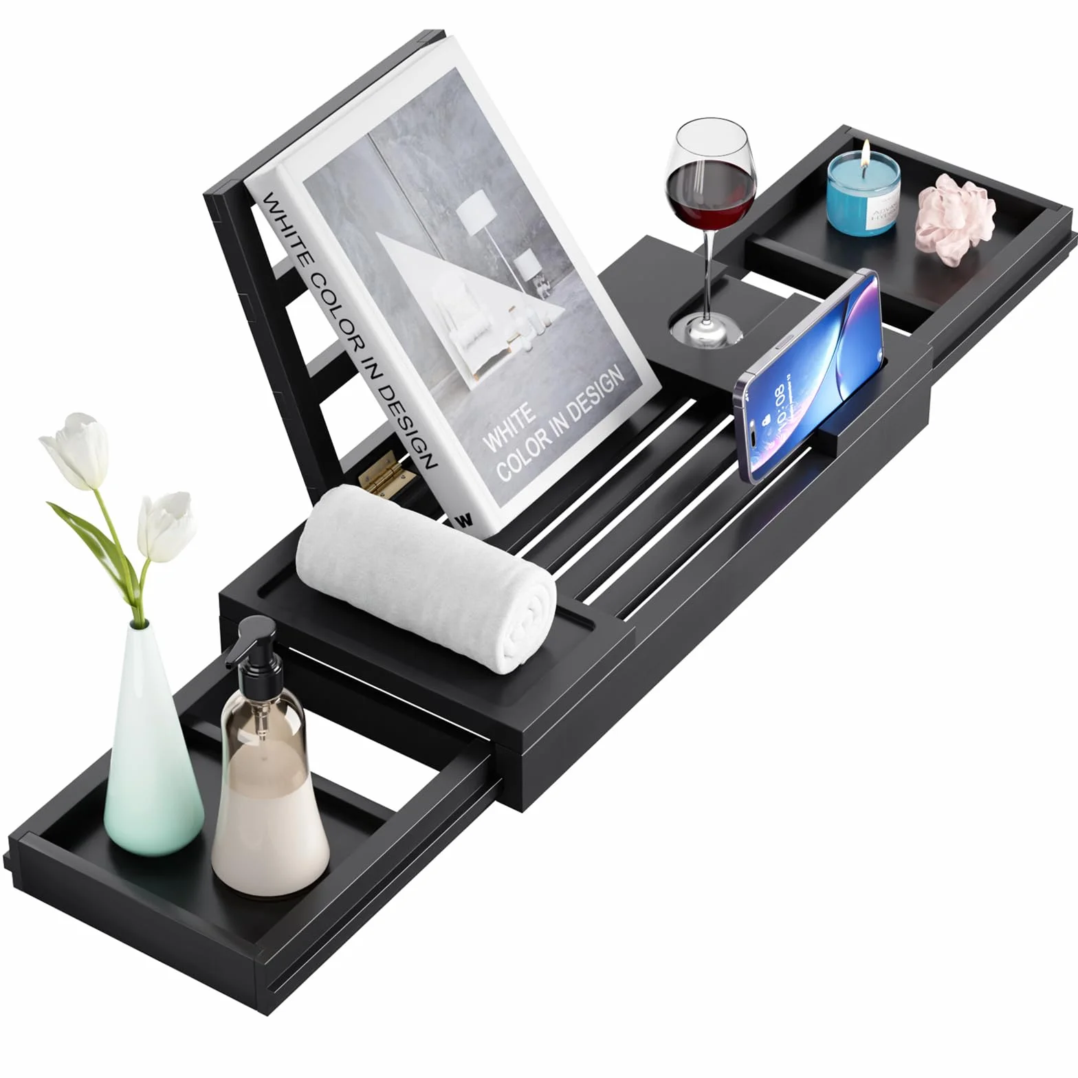 Plateau de baignoire en bambou extensible étanche Noir