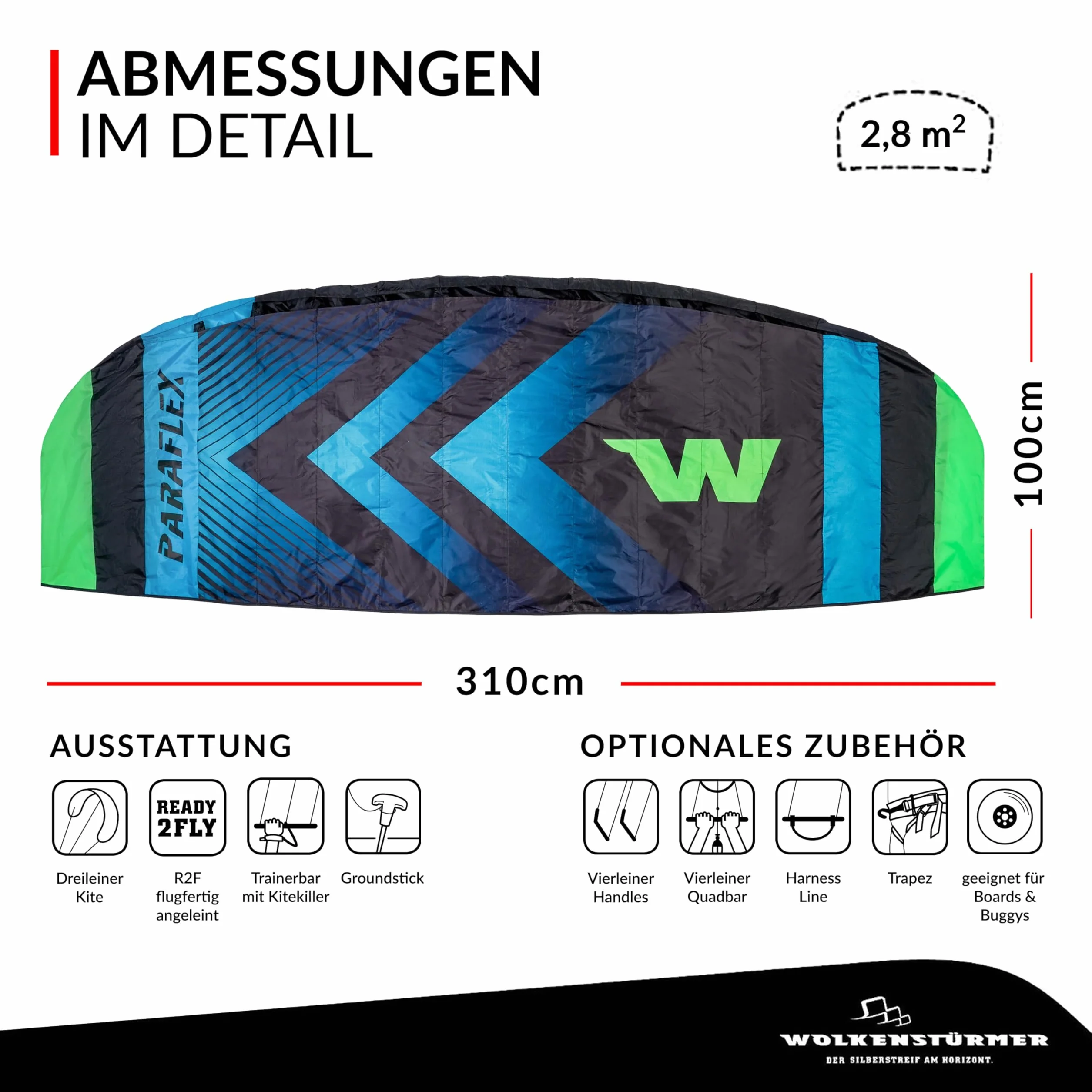 Wolkenstürmer Paraflex Trainer 3.1 Vert Fluo Aile de Kitesurf 3 Lignes Cerf-Volant Traction