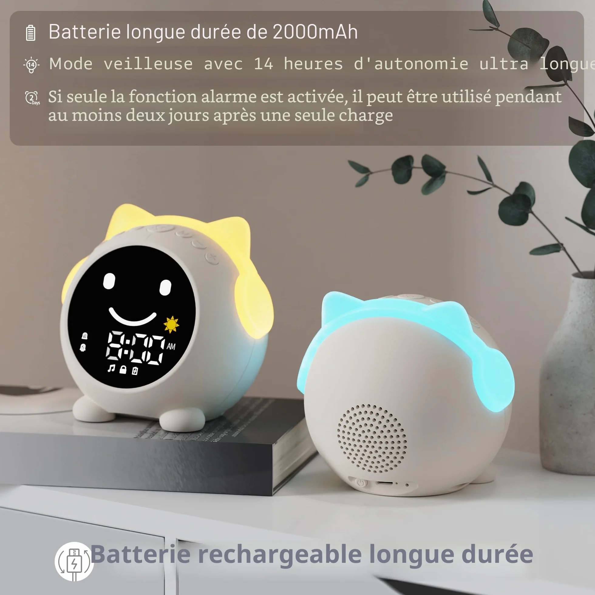 Réveil Enfant Chat Éducatif Jour/Nuit avec Veilleuse Sons Apaisants 2 Alarmes Mode Week-End Rechargeable