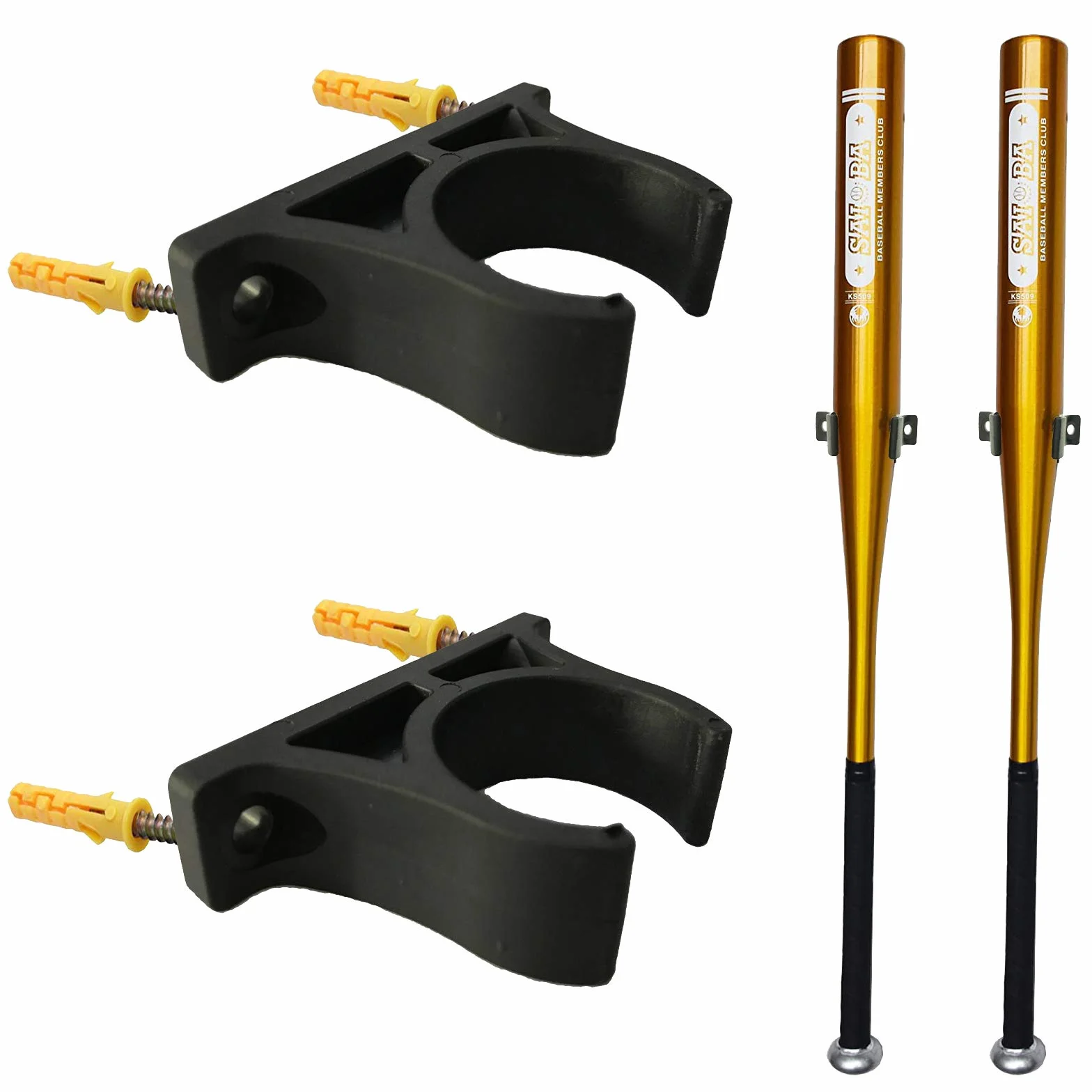 Pmsanzay Lot de 2 supports muraux universels verticaux pour batte de baseball, softball, support mural – Peut contenir 2 battes – Facile à installer – Matériel inclus – Pas de raquette