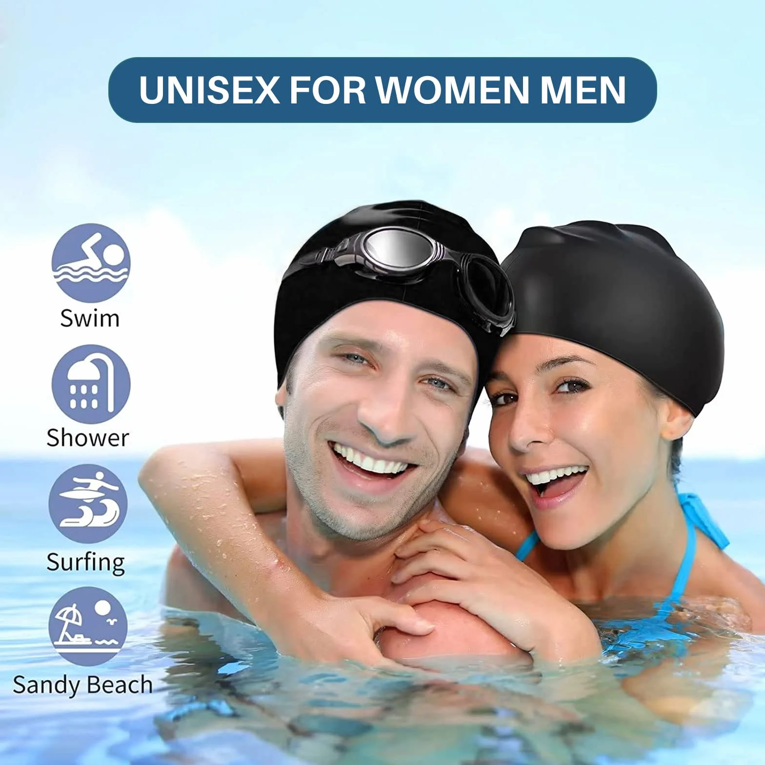 Bonnet de bain en silicone extra large noir pour cheveux longs