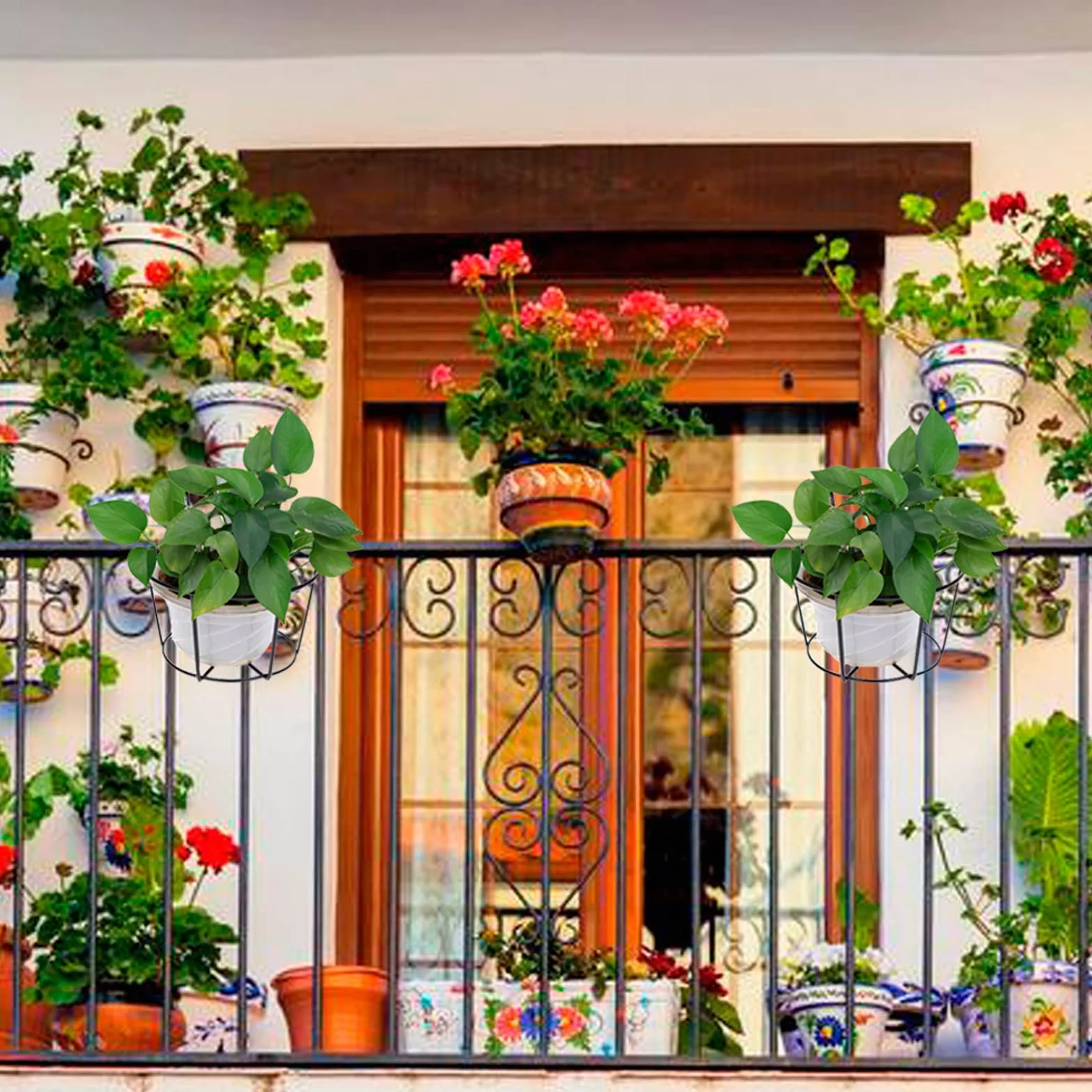 Paniers de Fleurs Suspendus en Fer 3 Pièces Support Jardinière Rail Suspendu pour Balcon Jardin