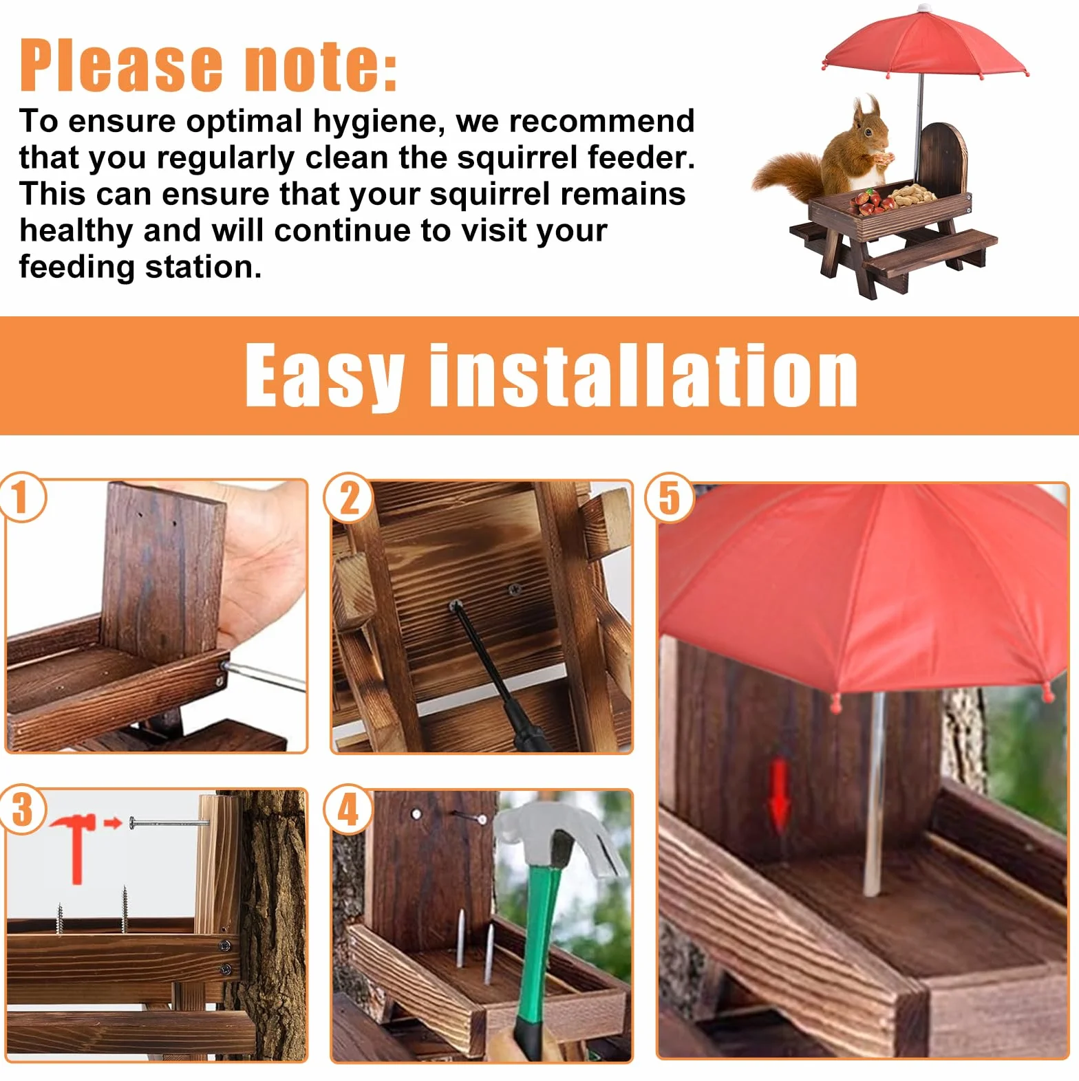 Mangeoire pour écureuils avec parapluie, table de pique-nique en bois, station d'alimentation résistante aux intempéries