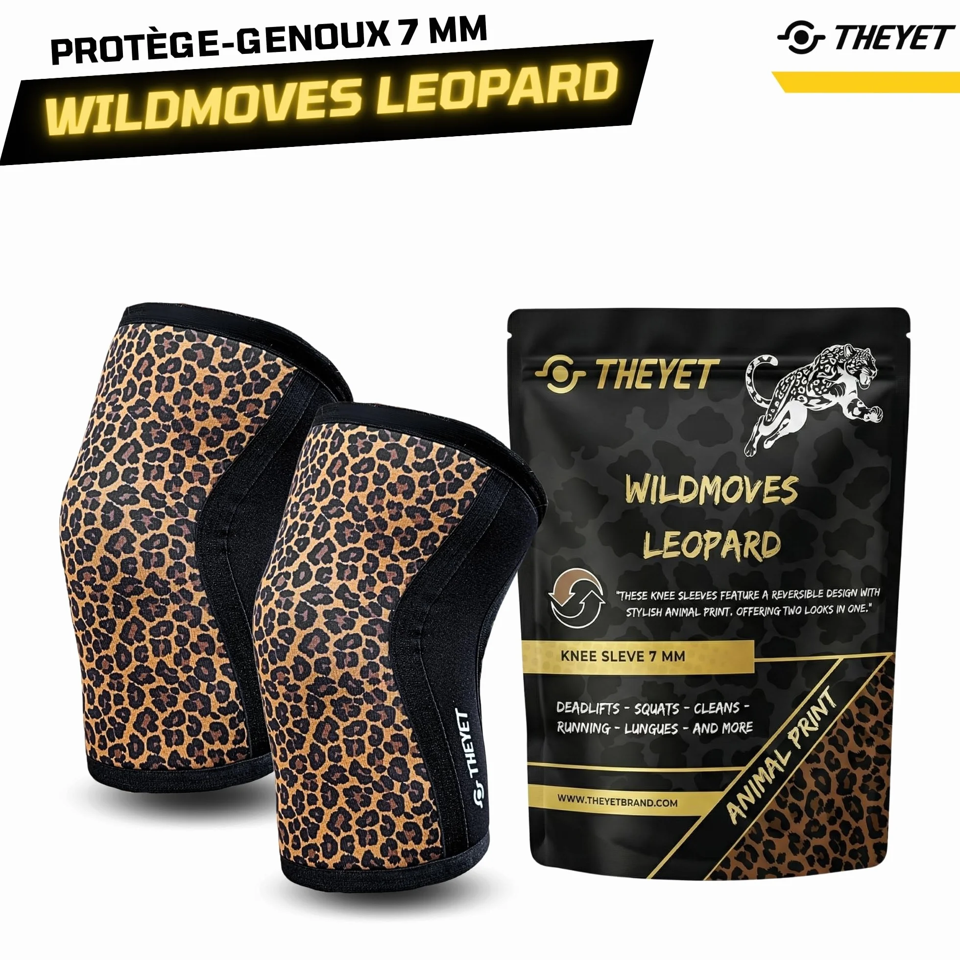 Theyet Genouillères Crossfit et Musculation Réversibles 7mm en Néoprène | Protections Sportives pour Genoux Animal Print Femme | Compression Haltérophilie Powerlifting, Fitness, Gym et Squat (Paire)