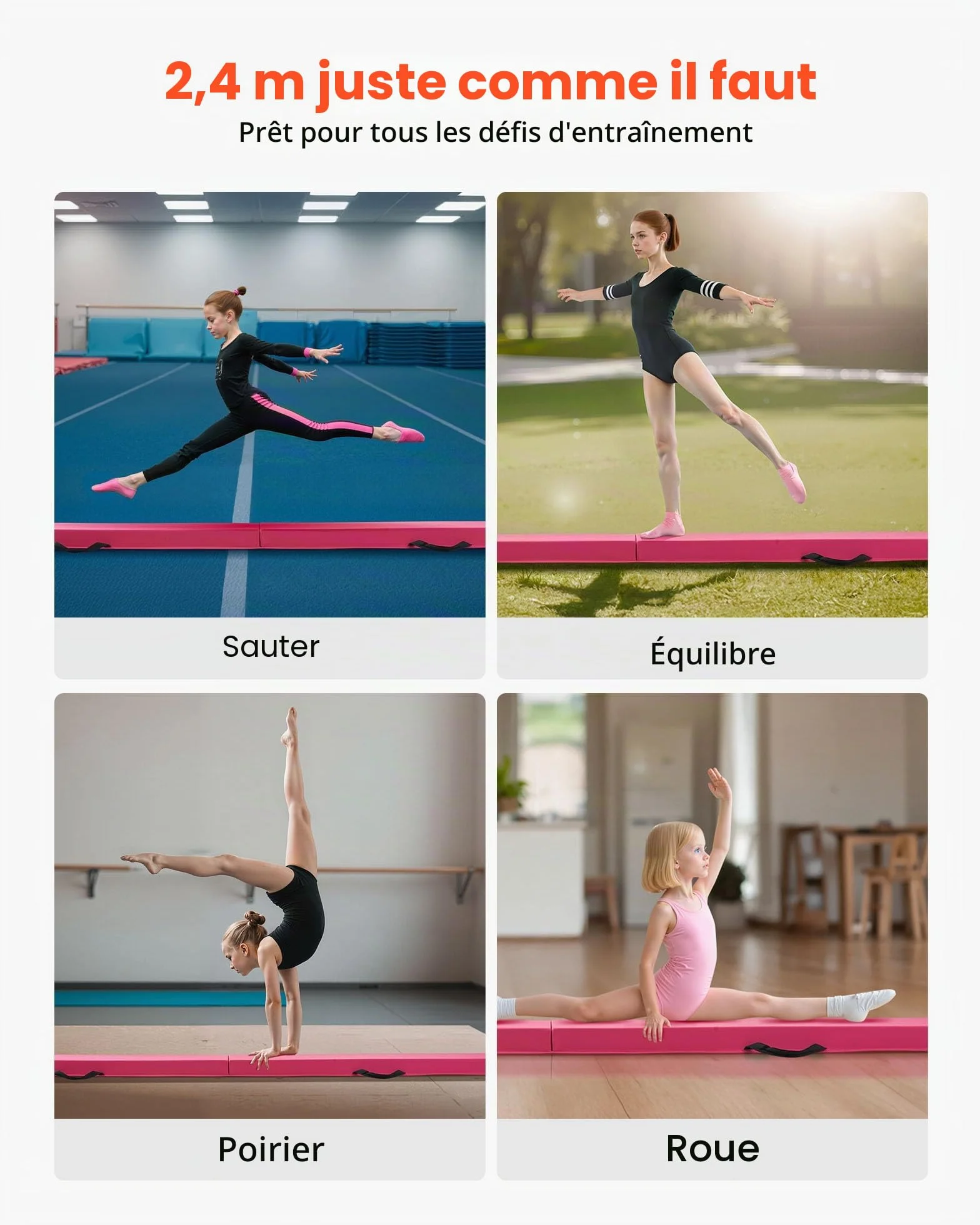 VEVOR Poutre d'équilibre 2,4 m pour enfants – Poutre de sol gymnastique antidérapante avec tapis, noyau bois EVA et sac de transport