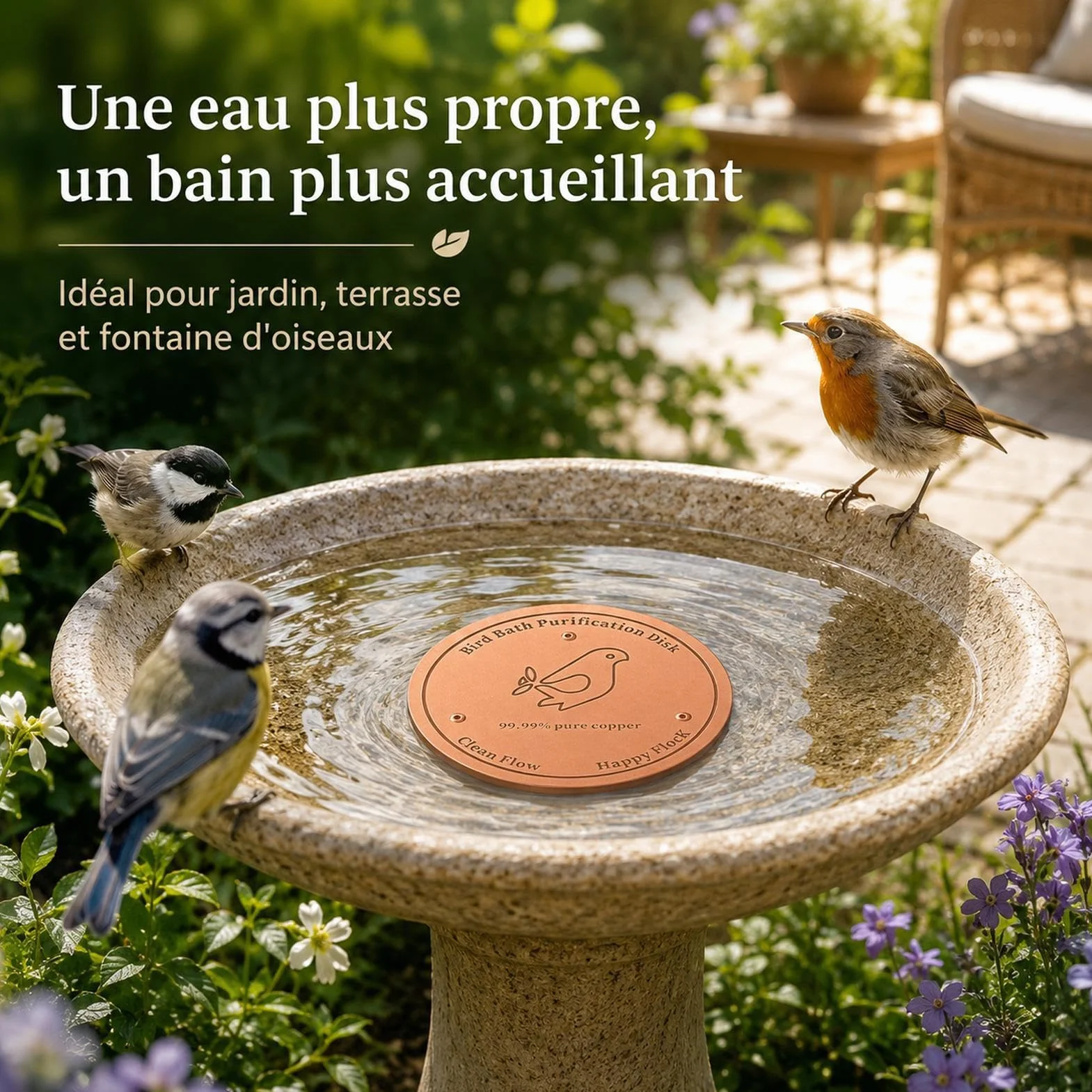 Disque de Nettoyage en Cuivre pour Bain d'Oiseaux avec Support Triple Point