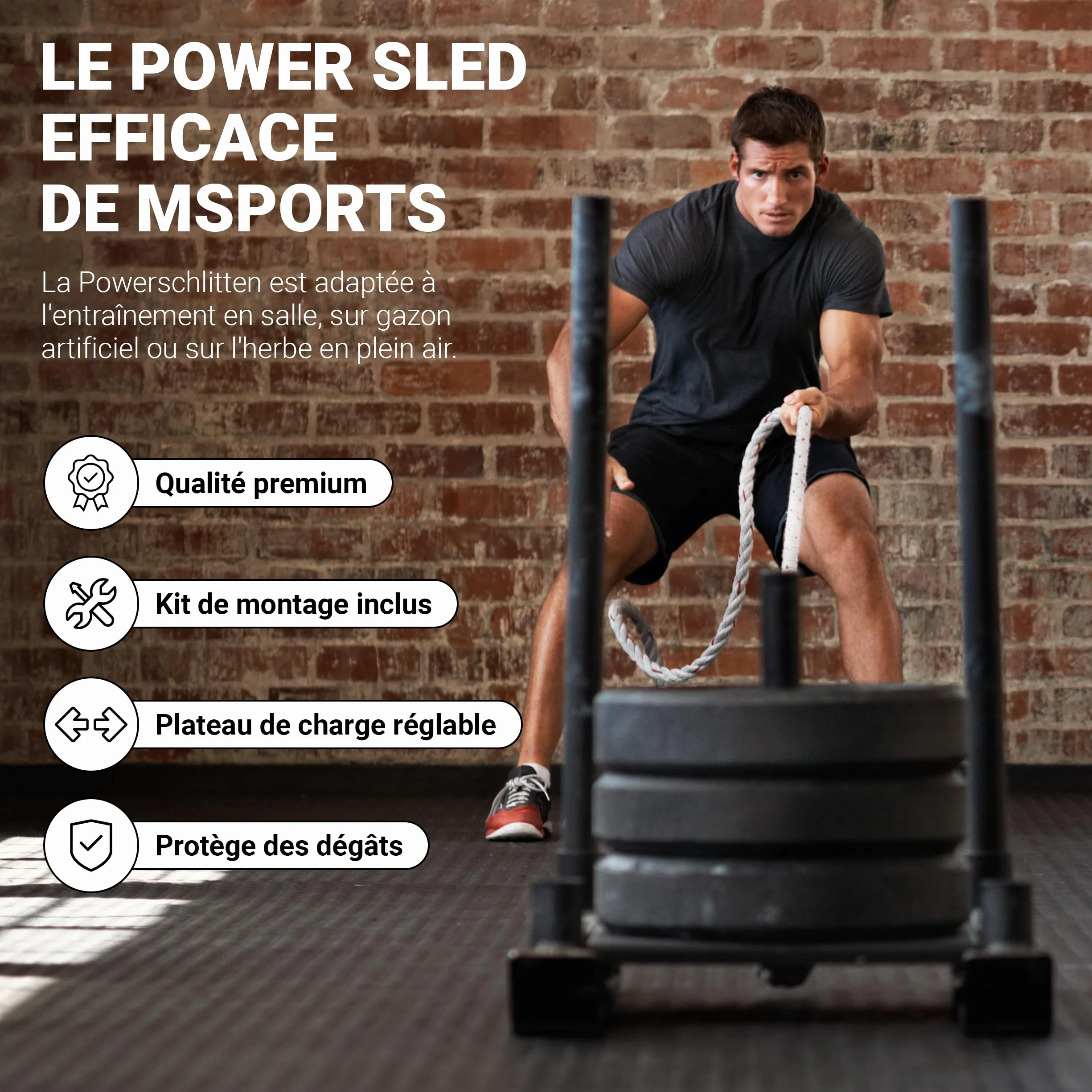 MSPORTS Luge lestée de qualité supérieure - Power Sled, luge de sprint et de traction, entraînement de force rapide, exercices de pression et de traction, noir