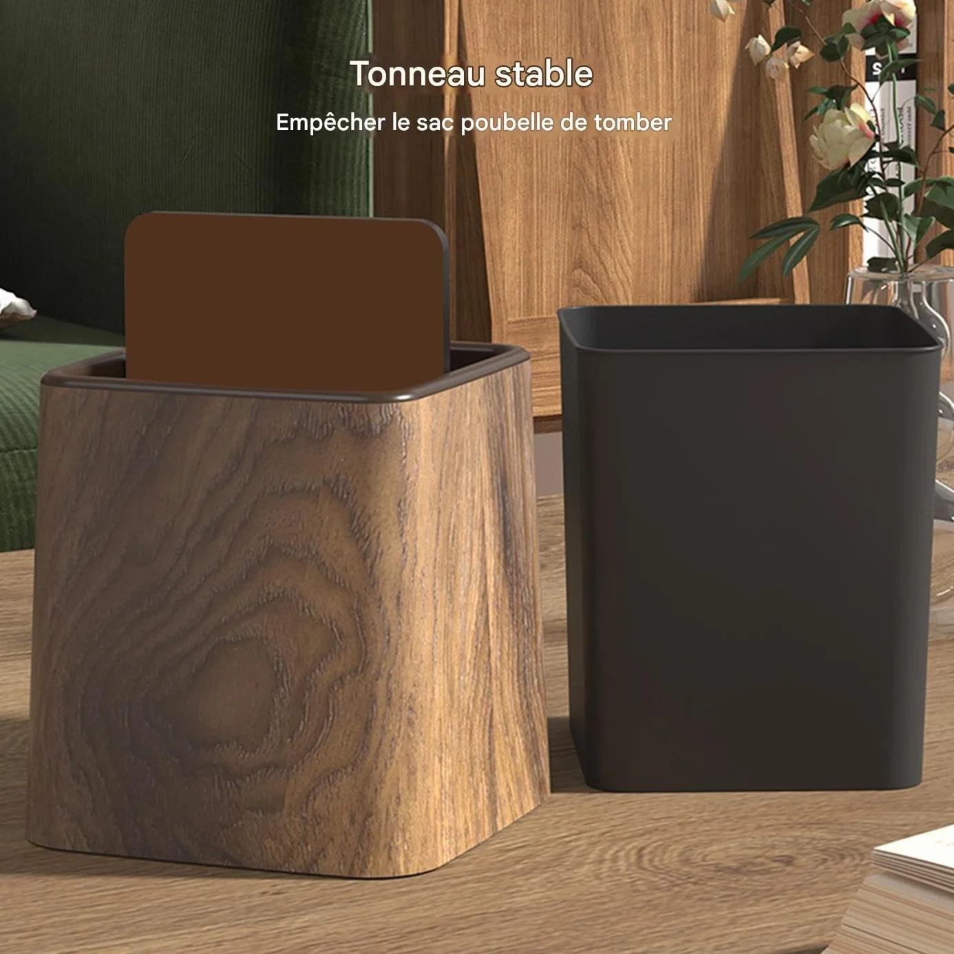 Poubelle De Bureau Avec Couvercle Imitation Bois 14.7x14.7x15.3cm Corbeille Recyclage Rétro