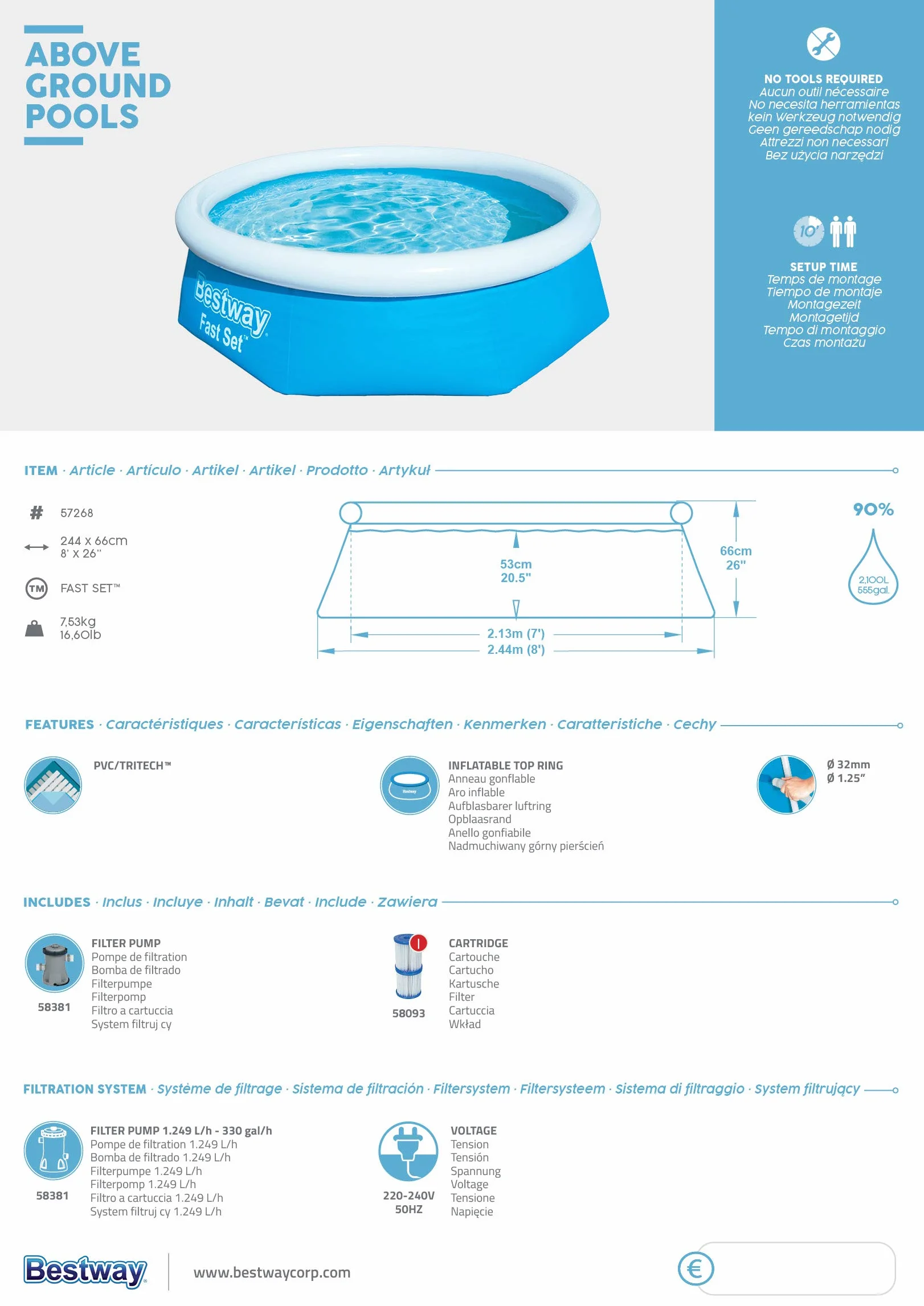 Bestway Kit de piscine Bleu 244 x 244 x 66 cm 2300 L