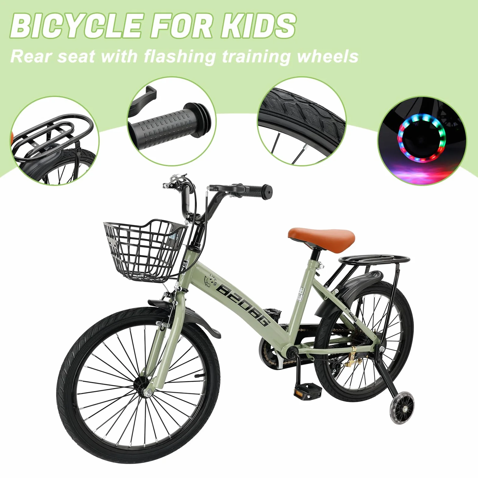 Vélo pour enfant de 18 pouces, cadre en acier au carbone de haute qualité, siège et guidon réglables, double freins, moyeux intégrés, panier amovible, roues stabilisatrices, selle confortable, vélo