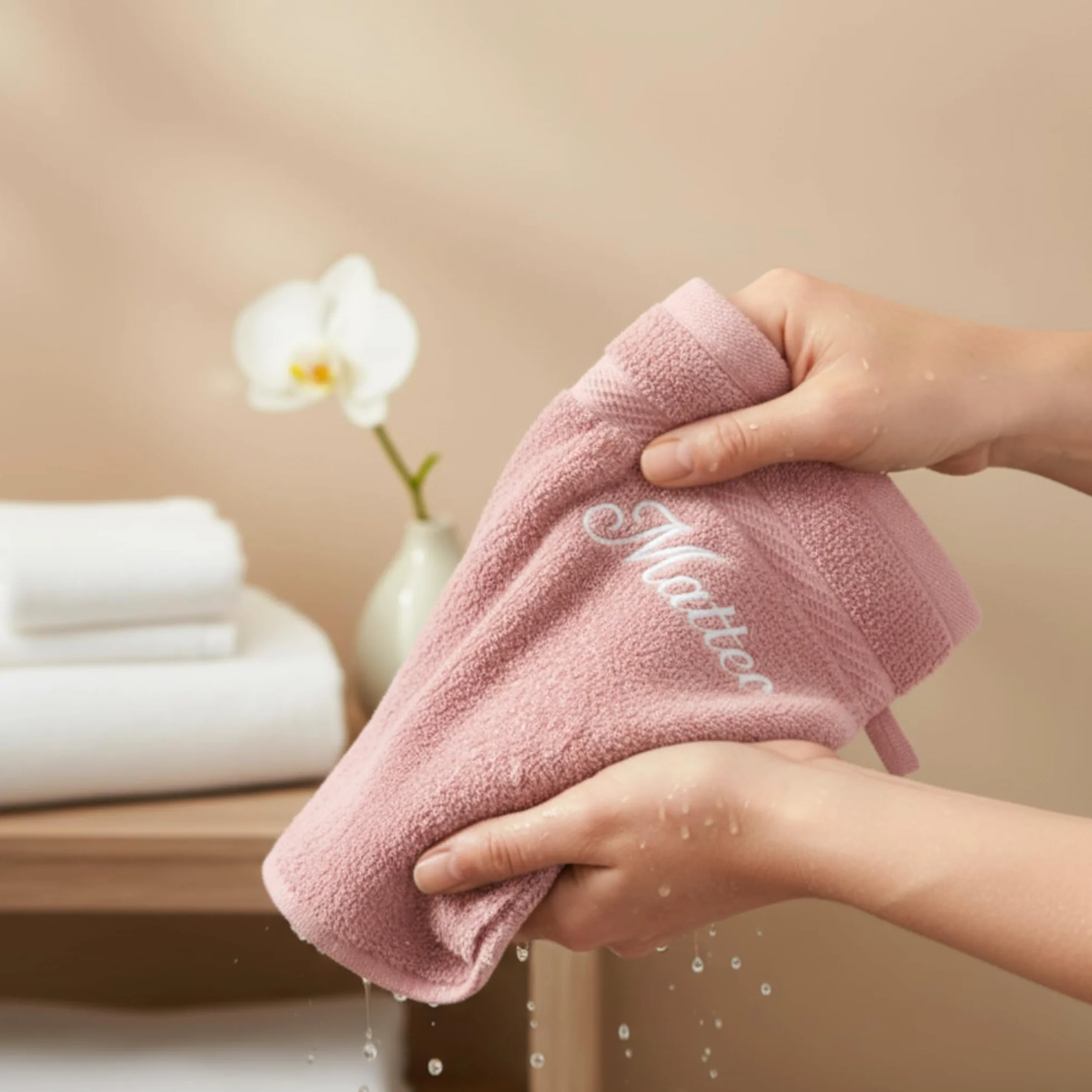 Gant de Toilette personnalisé Rose – Éponge Coton 15x21 cm – Broderie prénom ou initiales – Fabrication Artisanale française