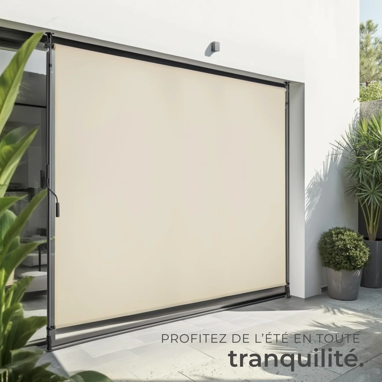 Store Banne sans Perçage Vertical avec Manivelle, Brise Soleil Opaque en Acier laqué époxy - Beige, 200 x 310 cm