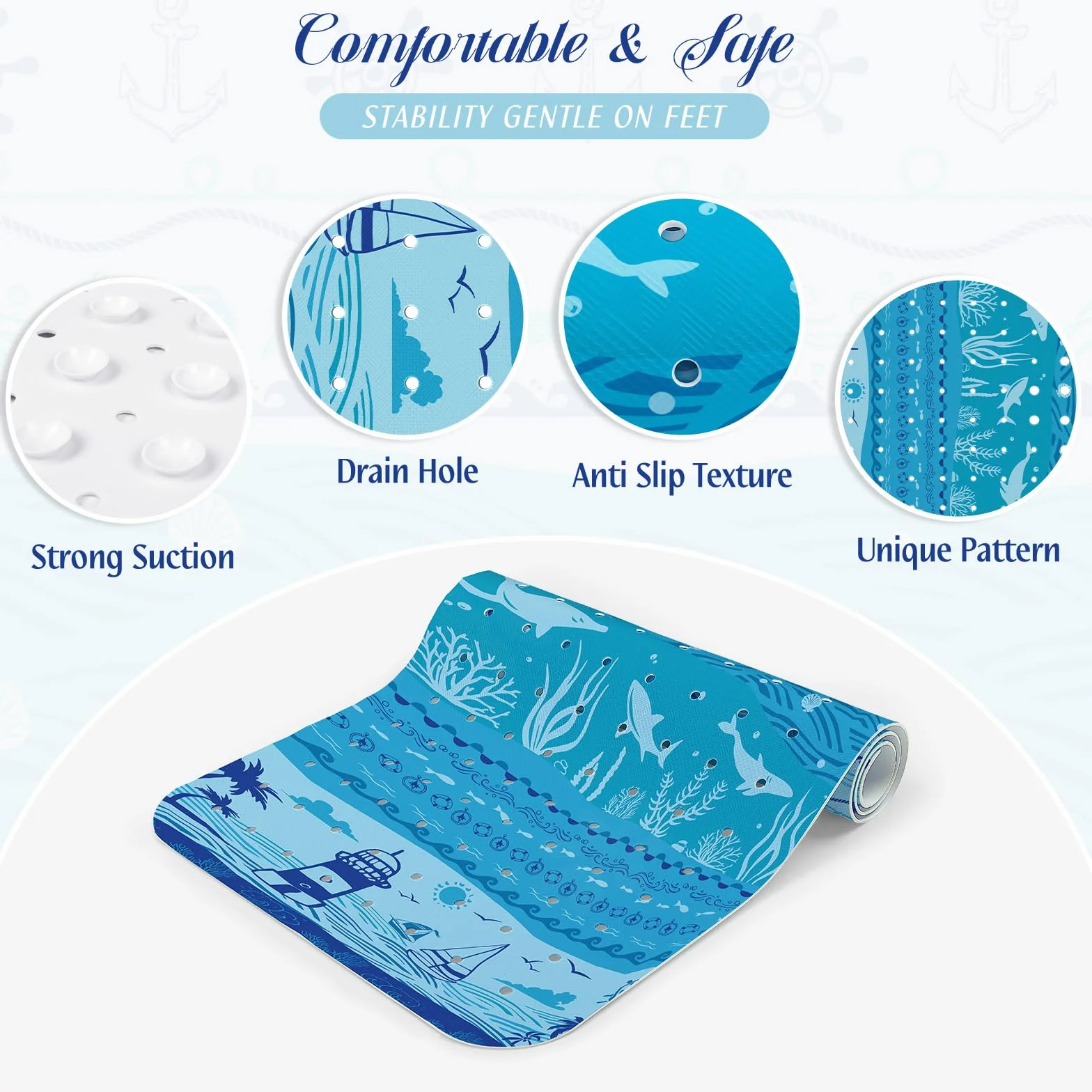 Tapis de Bain Antidérapant Océan Méditerranéen 100 x 40 cm, Lavable en Machine, Résistant à la Moisissure