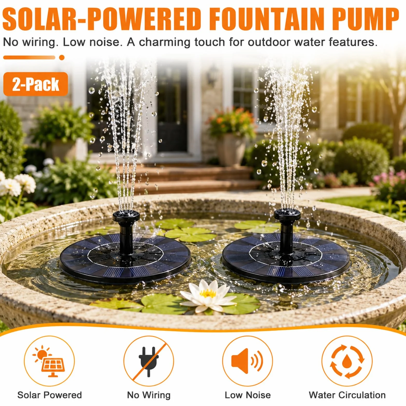 Lot de 2 fontaines solaires 16 cm 8 types pulvérisation pompe flottante pour jardin bain d'oiseaux étang