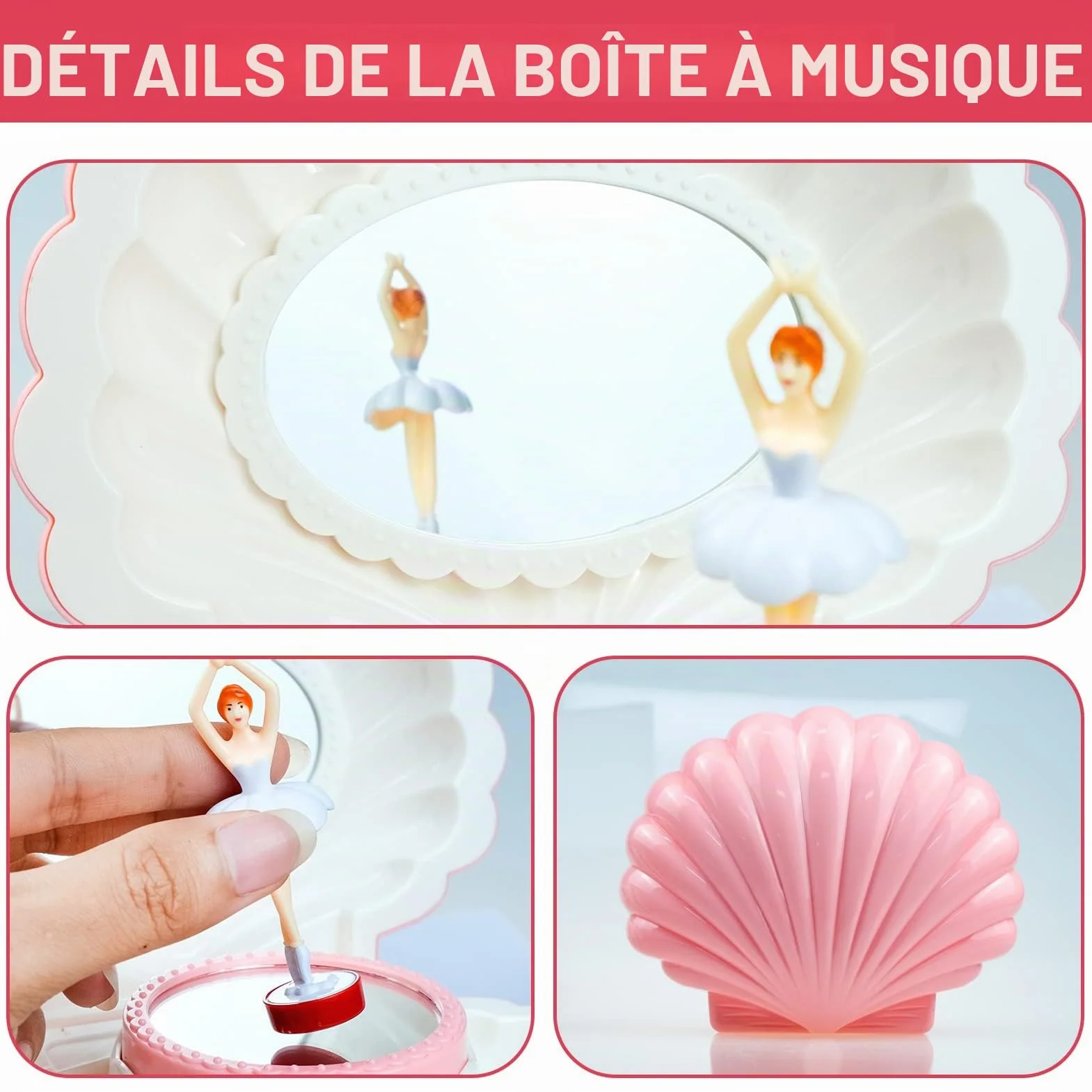Boîte à bijoux musicale en forme de coquillage pour fille