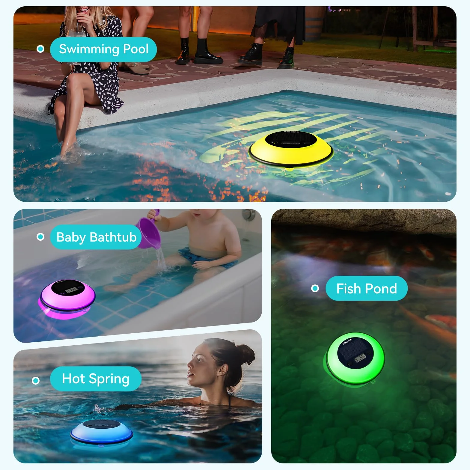 Inkbird IBS-P05R Thermomètre Piscine Solaire IP68 avec 7 Couleurs Lumière Sans Fil