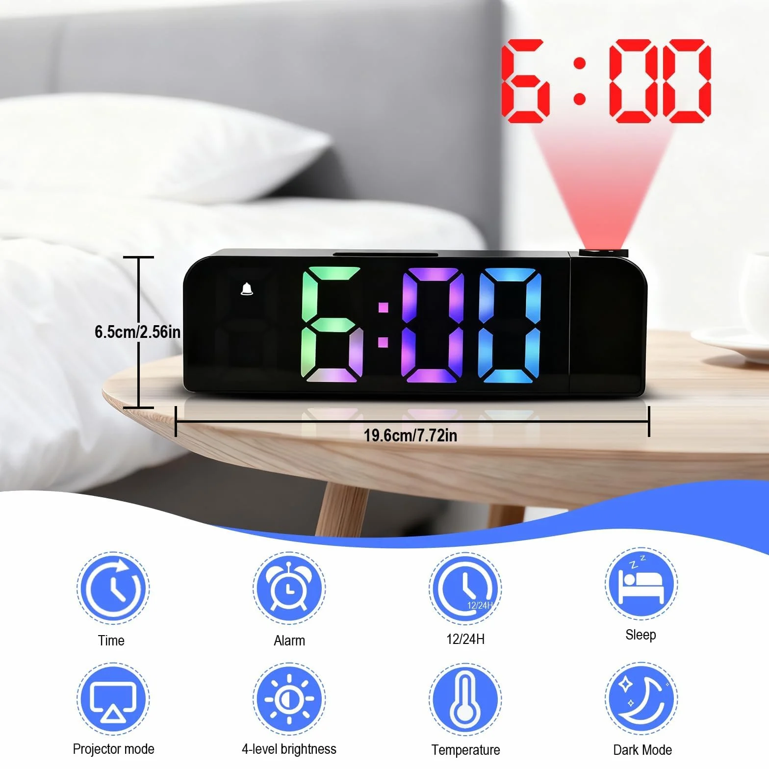 Réveil Projecteur 7,9" LED avec Projection Numérique, Thermomètre, 180° Réglable, Snooze, Mode Nuit