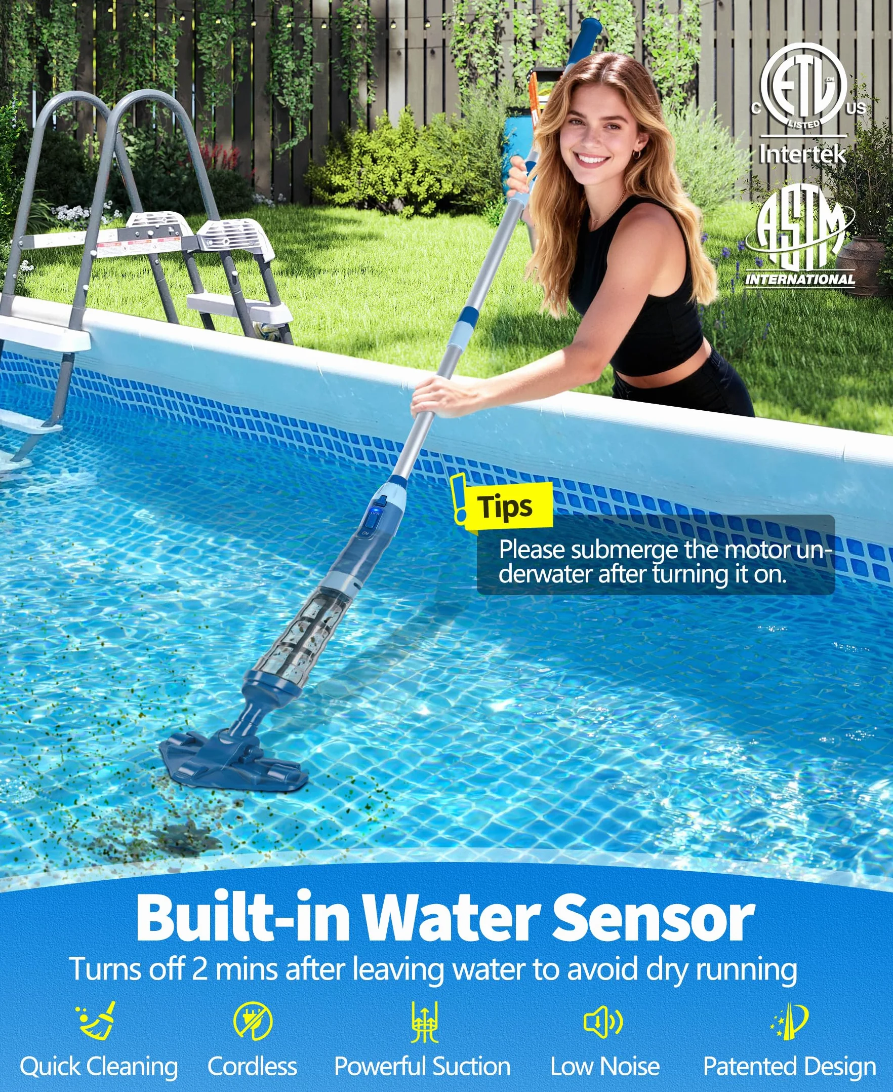 PoolLeader Aspirateur Piscine sans Fil 60L/Min 2.13M Balai avec Capteur d'eau 2 Têtes Nettoyage Autonomie 90min