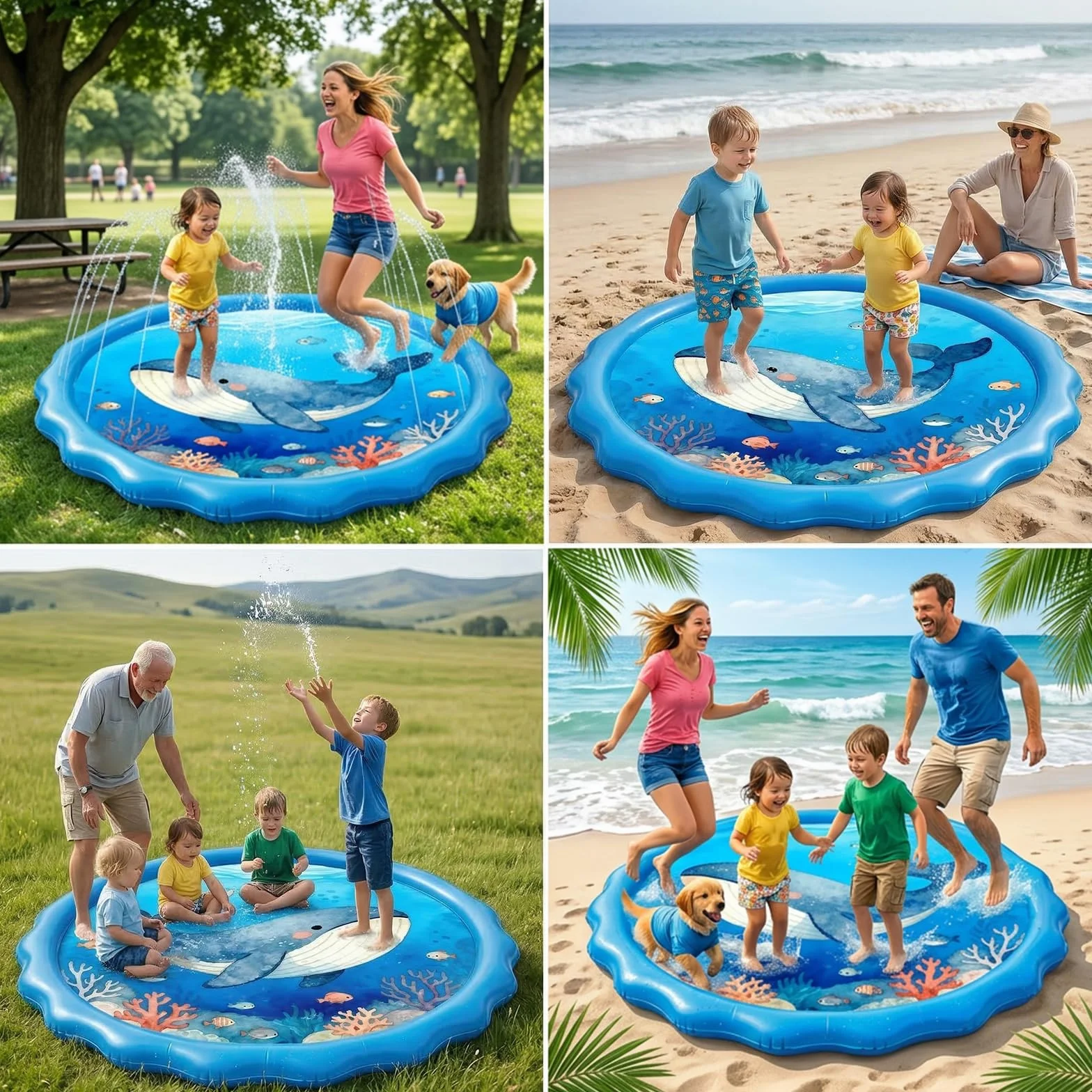 Tapis Jet d'Eau 170cm avec 3 Hauteurs Réglables - Splash Pad Baleine et Vie Marine PVC 0.25mm pour Enfants et Chiens