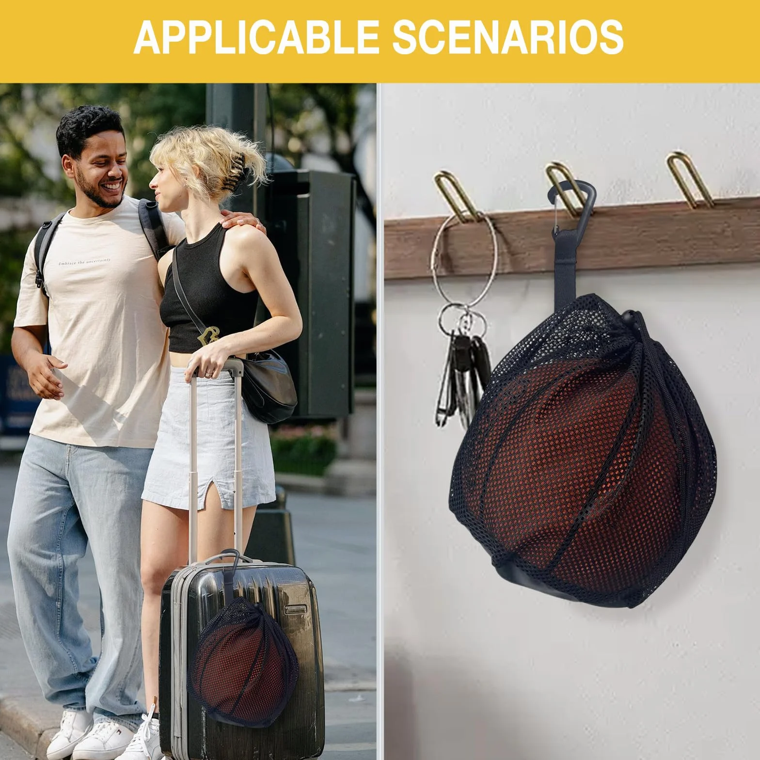 Sac de Basketball avec Filet à Ballon, Noir - Filet de Transport Portable pour Ballon de Foot et Pilates, Inclut Clip et Mousqueton
