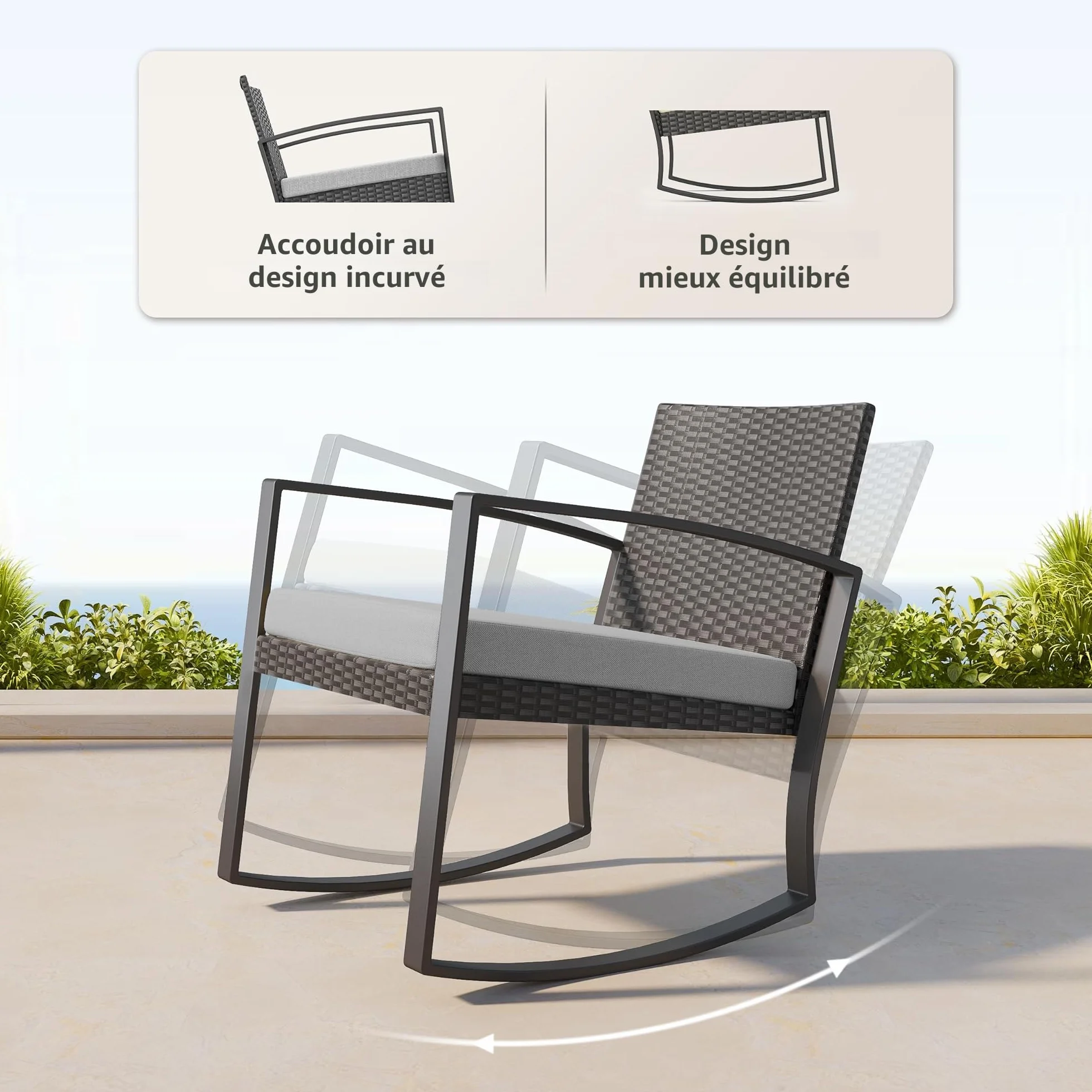 Bealife Ensemble Salon de Jardin 3 pièces Fauteuils à Bascule Table Basse Poly Rotin Coussins Gris