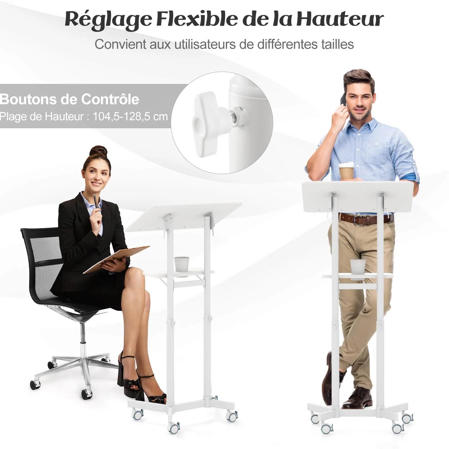 COSTWAY Pupitre Debout Mobile 104,5-128,5 cm Bureau Incliné Réglable avec Rebord et Étagère (Blanc)