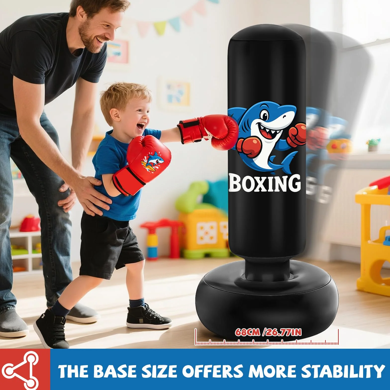Qoosea Sac de Boxe pour Enfants 3 à 8 Ans, 130cm Gonflable Sac de Frappe sur Pied, Sac de Boxe Set de Formation avec Gants, Cadeau Parfait pour Garçons et Filles pour Karaté, Taekwondo