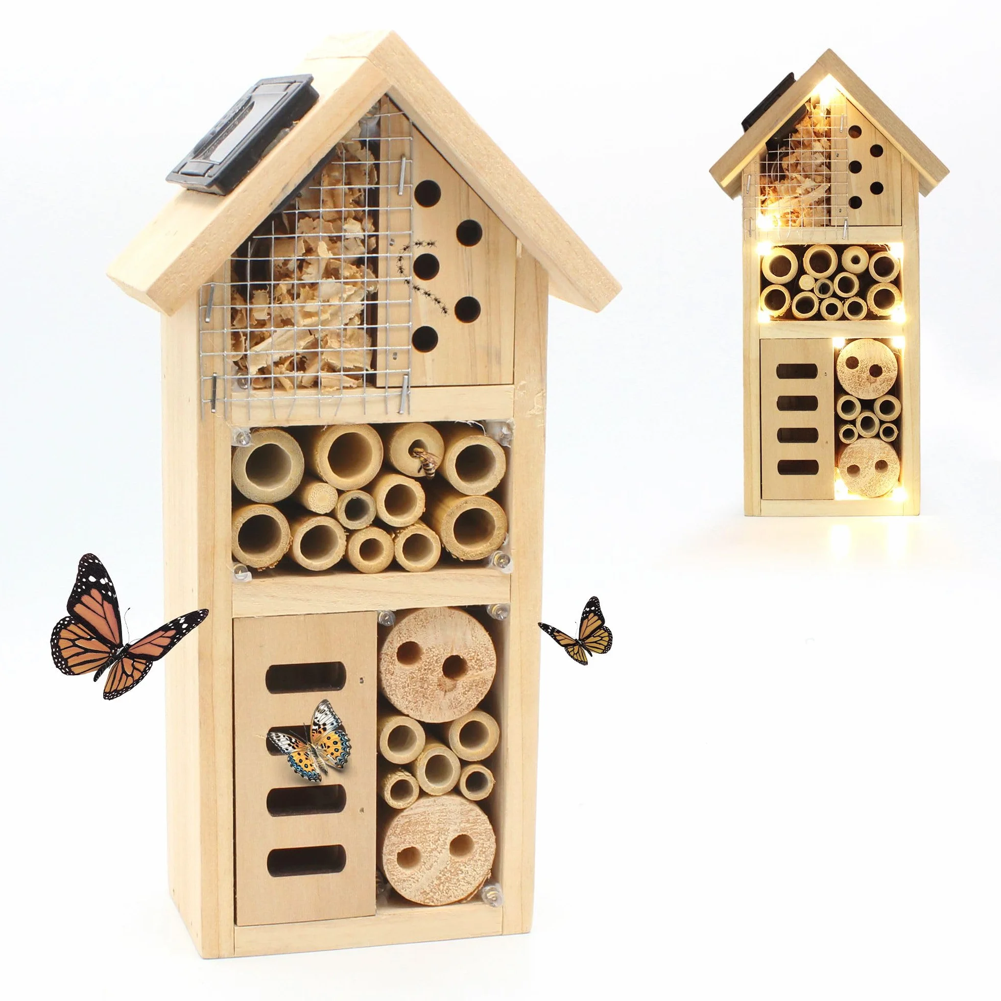 FISHTEC Hôtel à Insecte Maison Solaire en Bois 10 LED Panneau de Pin Massif Refuge Toutes Saisons