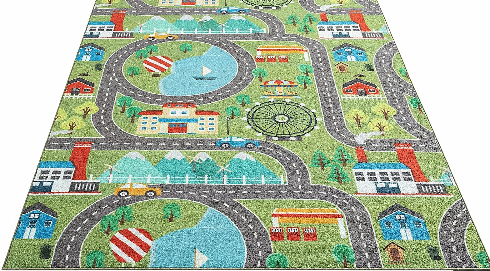 Tapis de Jeu Lavable Vert 80 x 150 cm Motif Rue Ville Voitures Happy Life