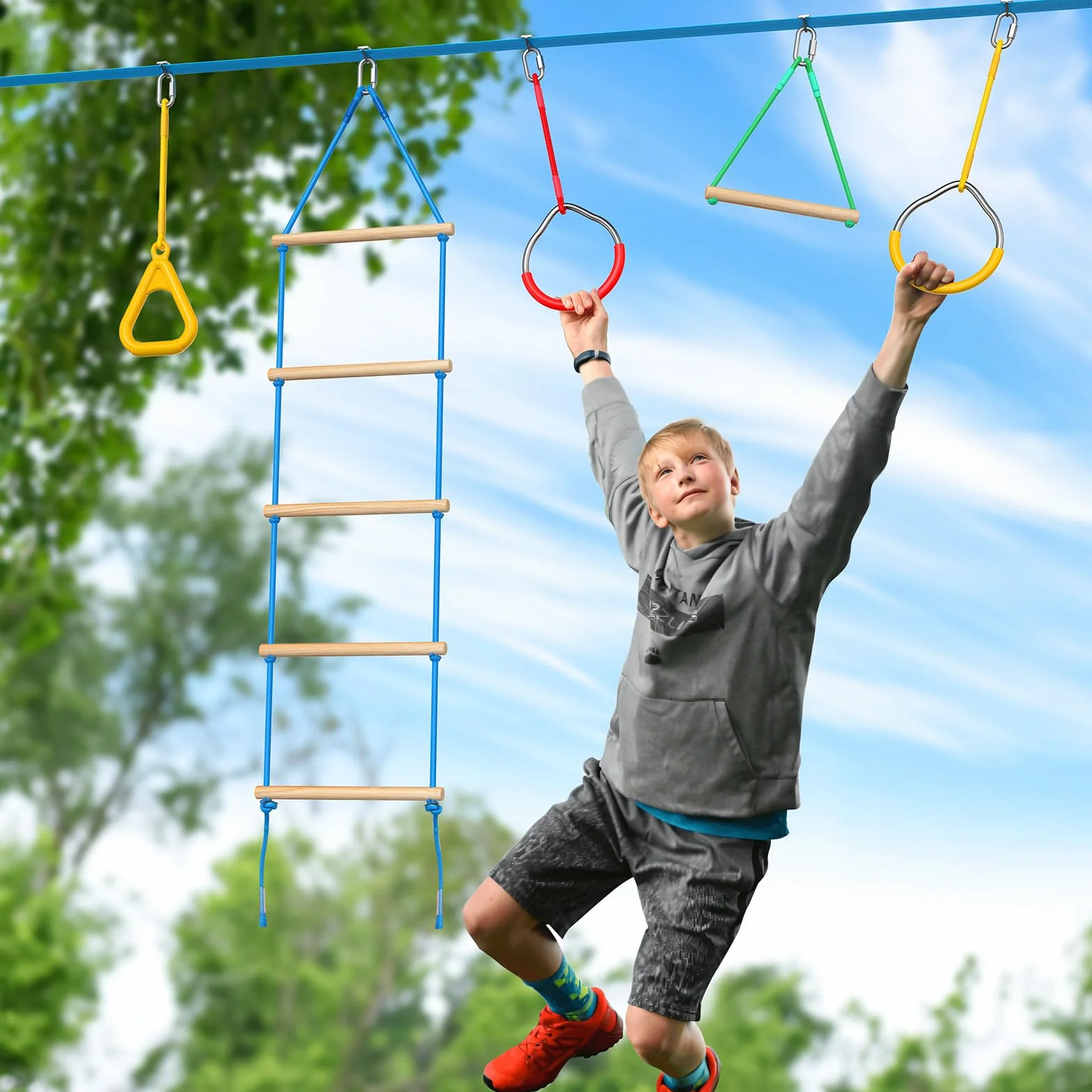 Hapfan Parcours Ninja Enfant Exterieur,15m×2 Slackline avec 8 Obstacles à Suspendre Mixte,Slackline kit Parcours d'obstacles à Suspendre en Plein air,Filet et échelle,Monkey Bar Kit pour Enfants