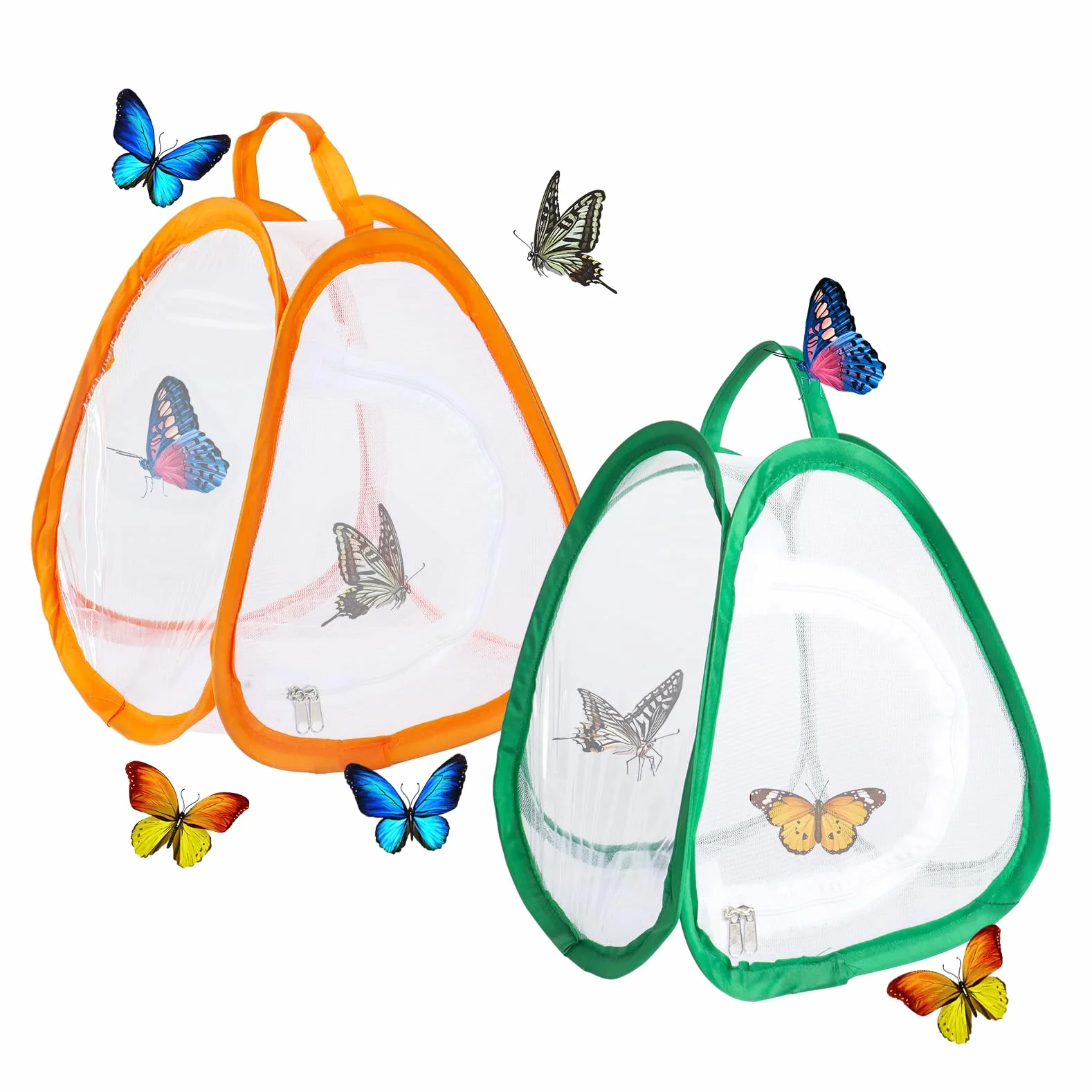 Cages à papillons en maille pour enfants Lot de 2 - Maison pop-up avec fermeture éclair portable (vert, orange)
