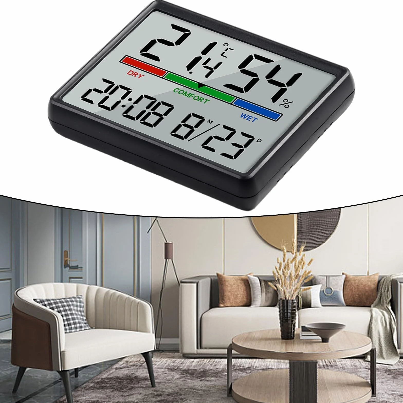 Horloge numérique étanche salle de bain avec thermomètre hygromètre noir