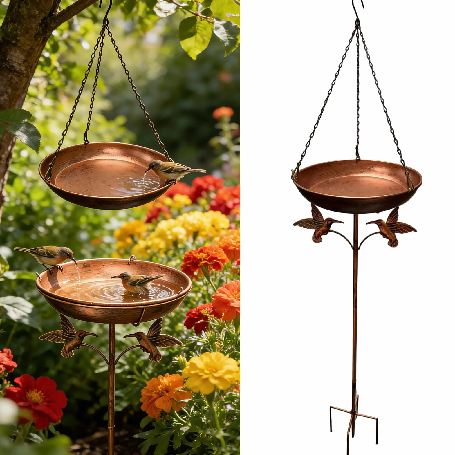 Abreuvoir Oiseaux Bain Suspendu Exterieur ∅ 24cm Socle 5 Pattes Anti-Basculement Chaîne Jardin Balcon