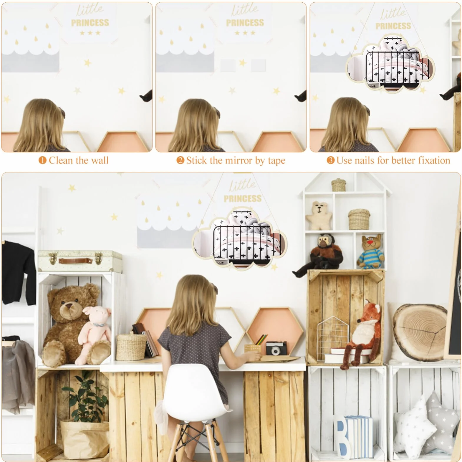 Miroir Décoratif en Bois Naturel Nuage, Miroir Autocollant sans Perçage, Film Protecteur pour Chambre Enfant