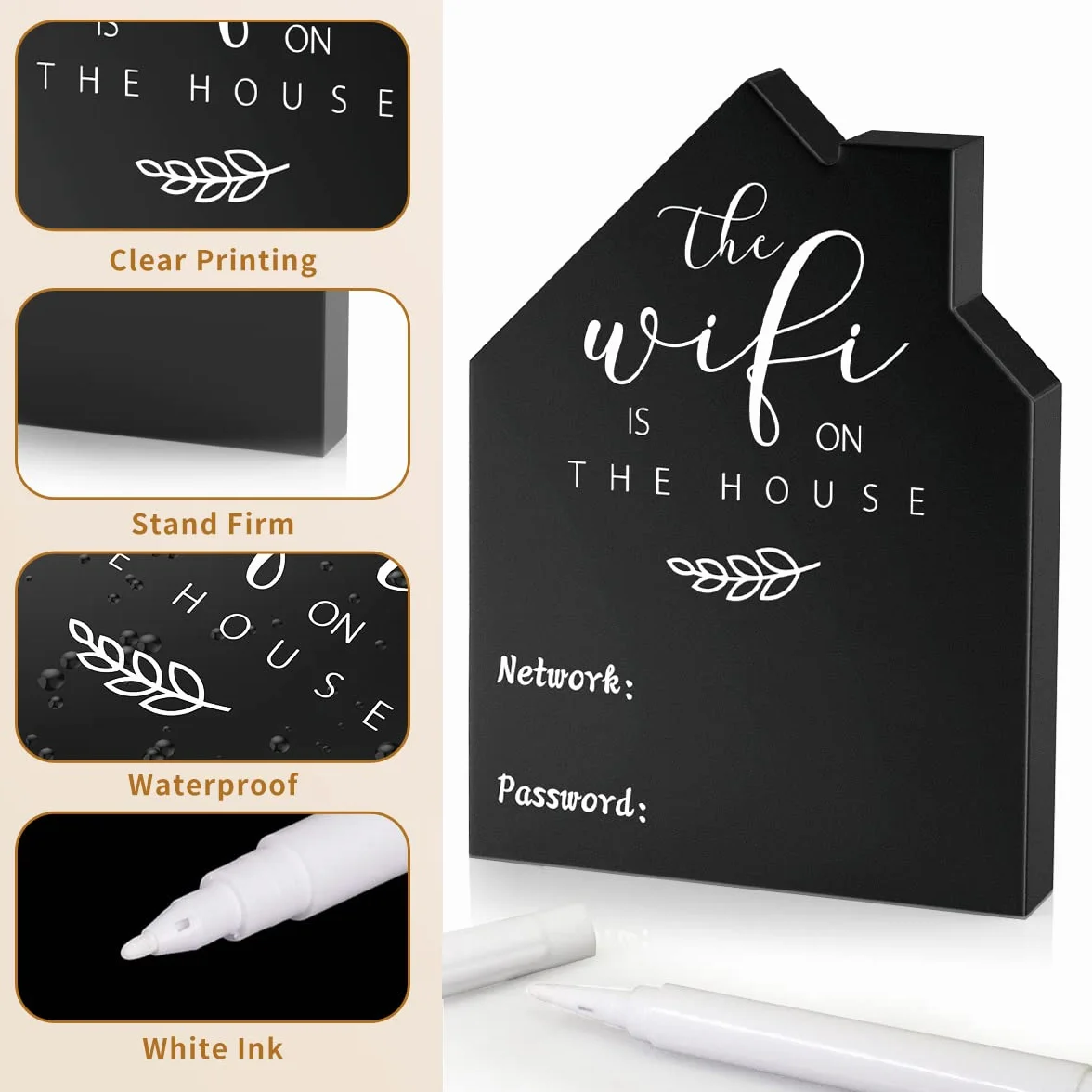 Signe WiFi en bois pour maison avec tableau noir et stylo effaçable 13x9 cm noir
