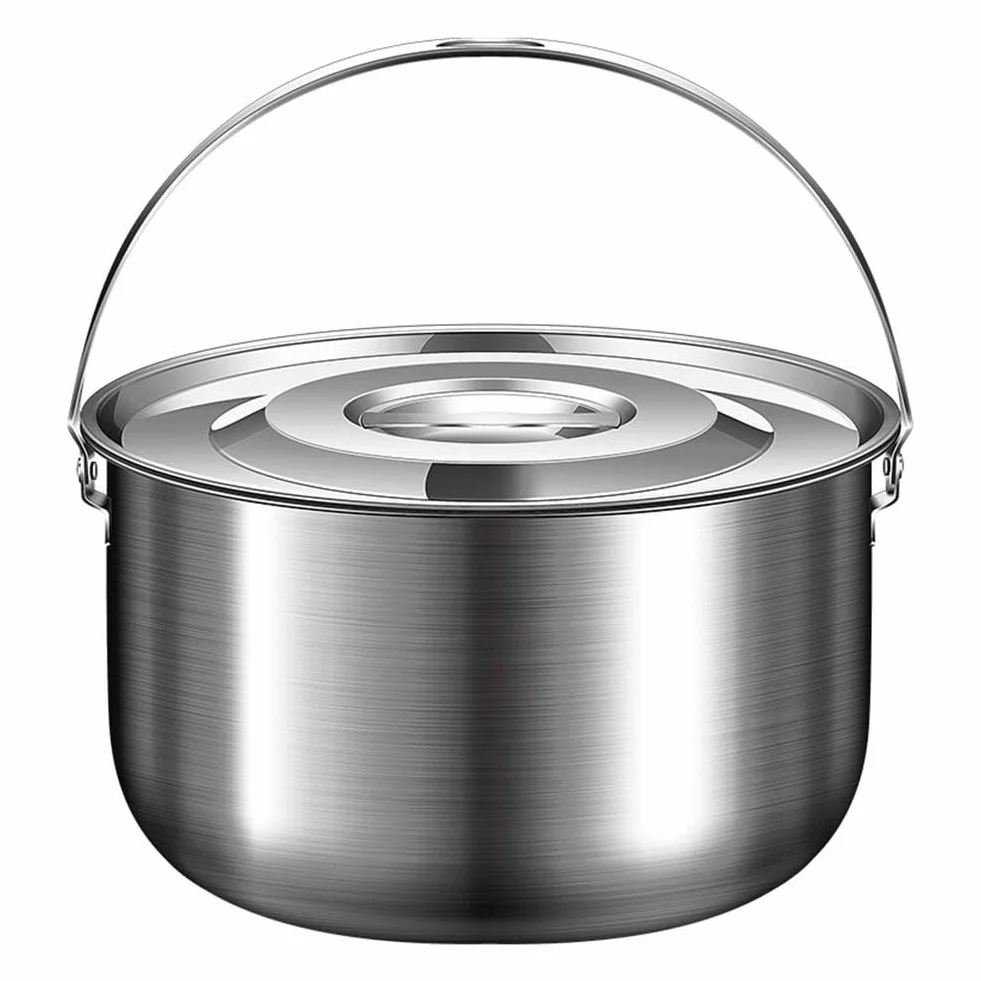 Casserole de camping en acier inoxydable avec couvercle et poignée - 1,4 L/2,4 L/4 L/6 L - Batterie de cuisine d'extérieur pour feu de camp, ragoût, bouillir et pique-niques (4 L)